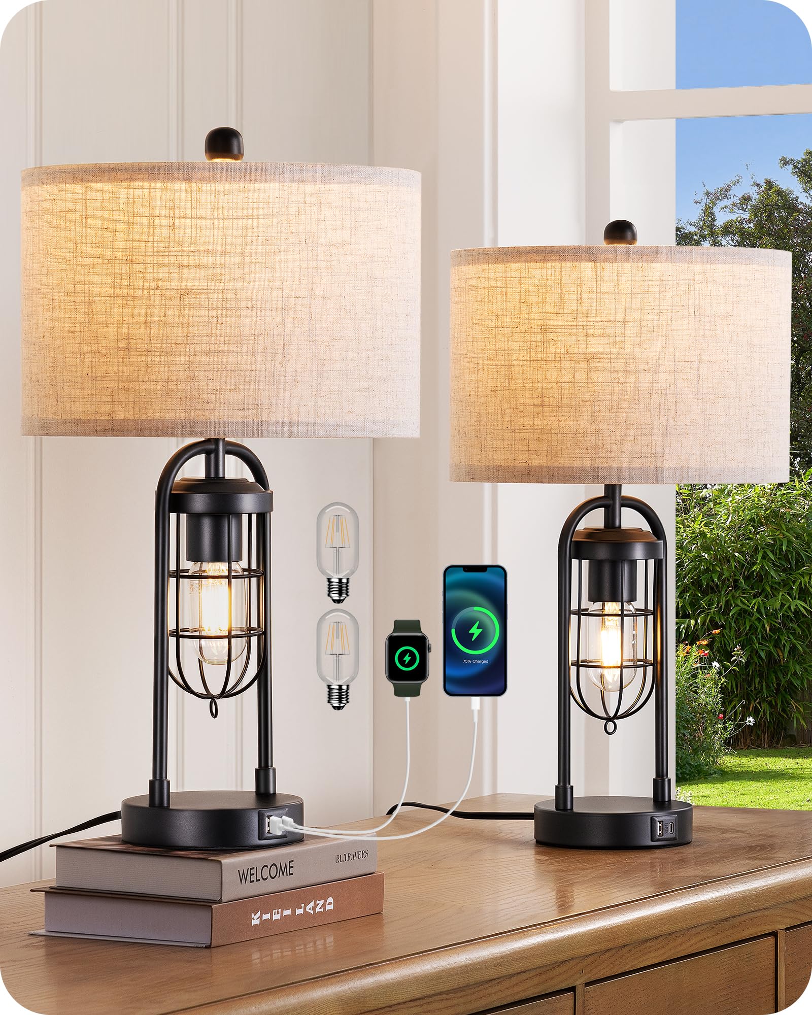 EDISHINE Farmhouse Table Lamp with Night Light, 22.84 Bedside Lamps Set of 2 with A+C USB Ports, 3 Way Dimmable Nightstand Lamp