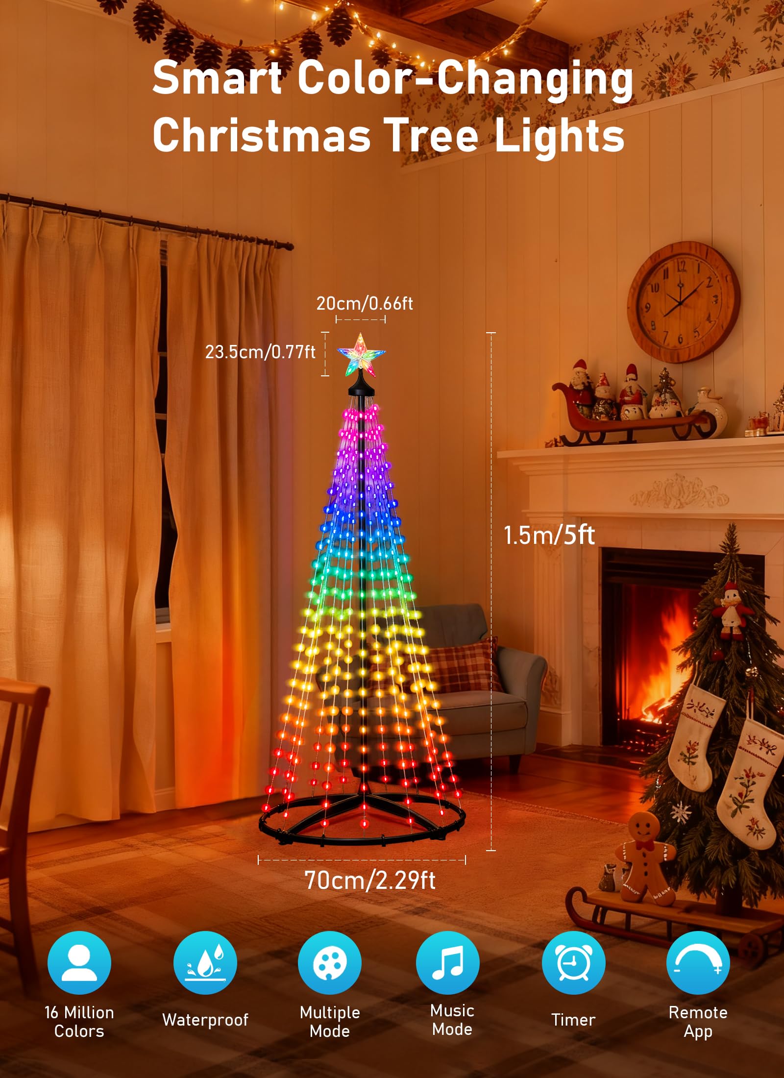 Ahawill 5Ft Christmas Cone Tree Smart Rgb Led Lights With App & Remote Control Music-Synced And Diy Multicolor String Lights Indoor & Outdoor Waterproof Christmas Decoration Lights For House