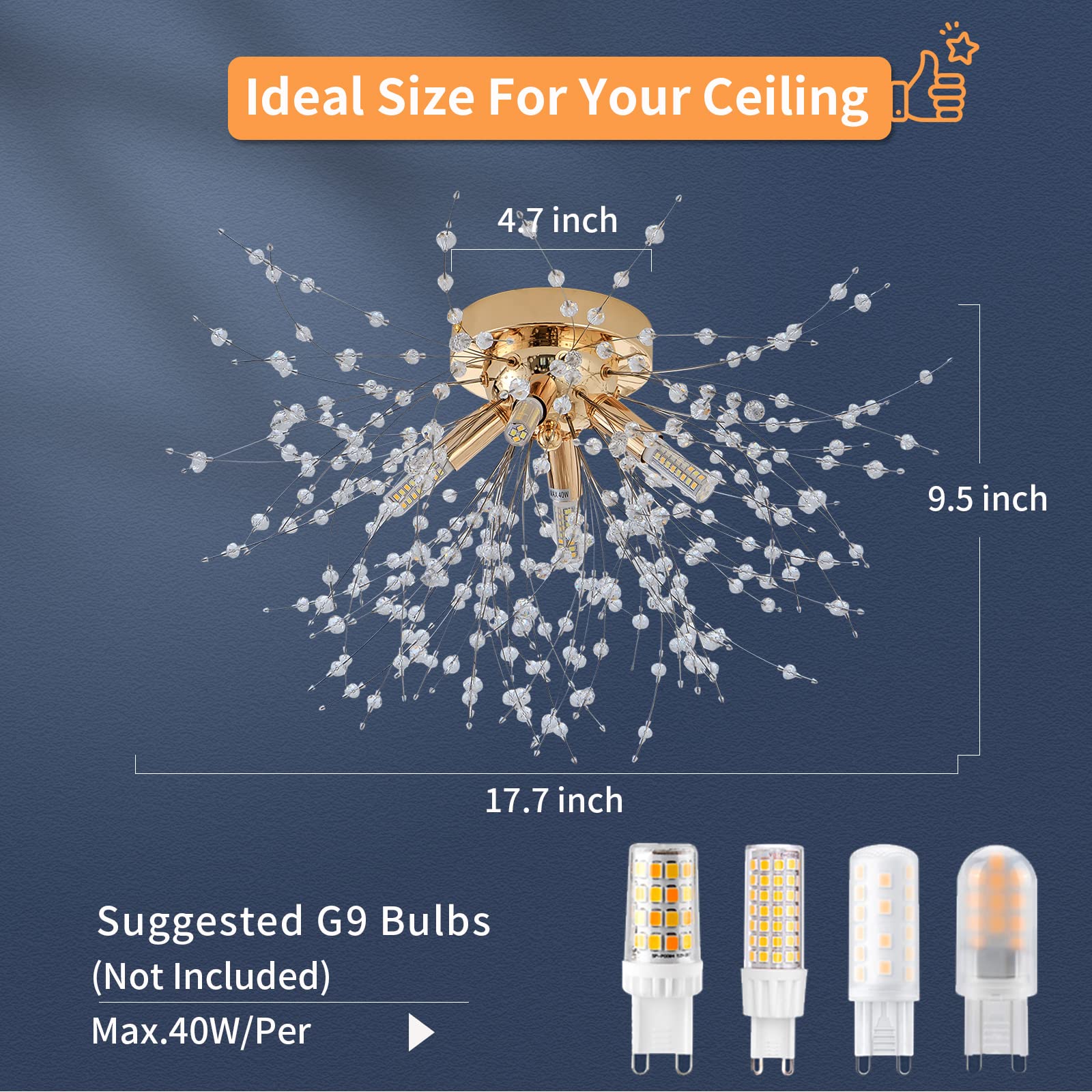 Modern Small Crystal Ceiling Light Fixture, 4-Light Gold Crystal Sputnik Firework Chandelier, Semi Flush Mount Ceiling Light Fix
