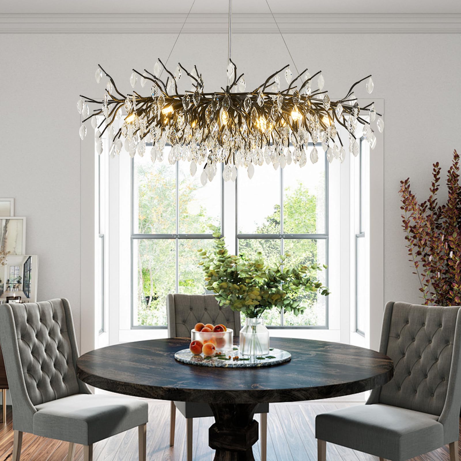 Large Crystal Chandeliers for Dining Room  L47.2 Black Tree Branch Rectangular Chandelier  Dining Room Light Fixture 13-Light High Ceiling Pendant Lights  Linear Chandeliers for Foyer  Living Room