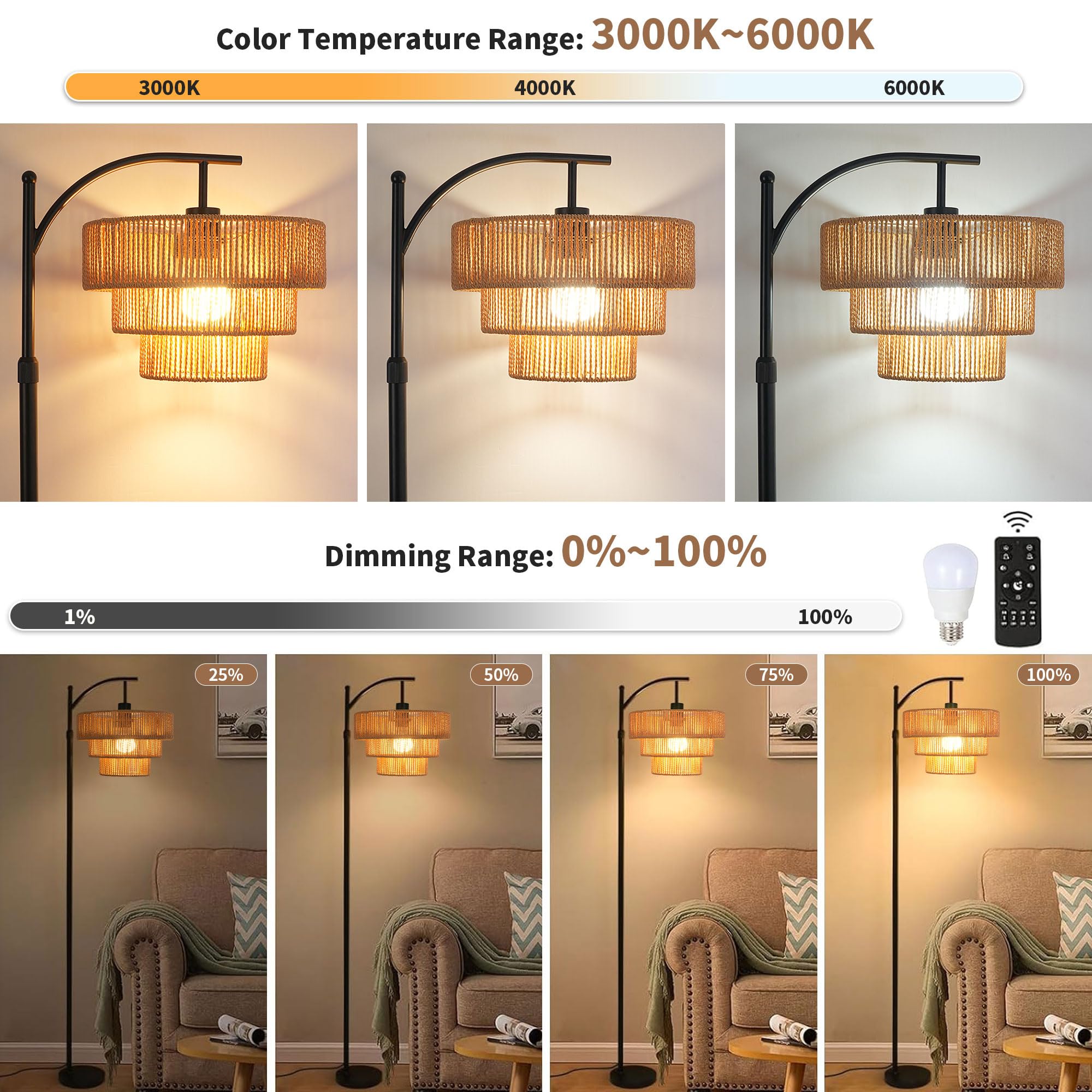 Arc Floor Lamp For Living Room With Remote Control,Farmhouse Boho Floor Lamps With 3 Color Temperature,Rustic Standing Lamp With Rattan Wicker Shades,Adjustable Tall Lamp For Bedroom,Office,Reading