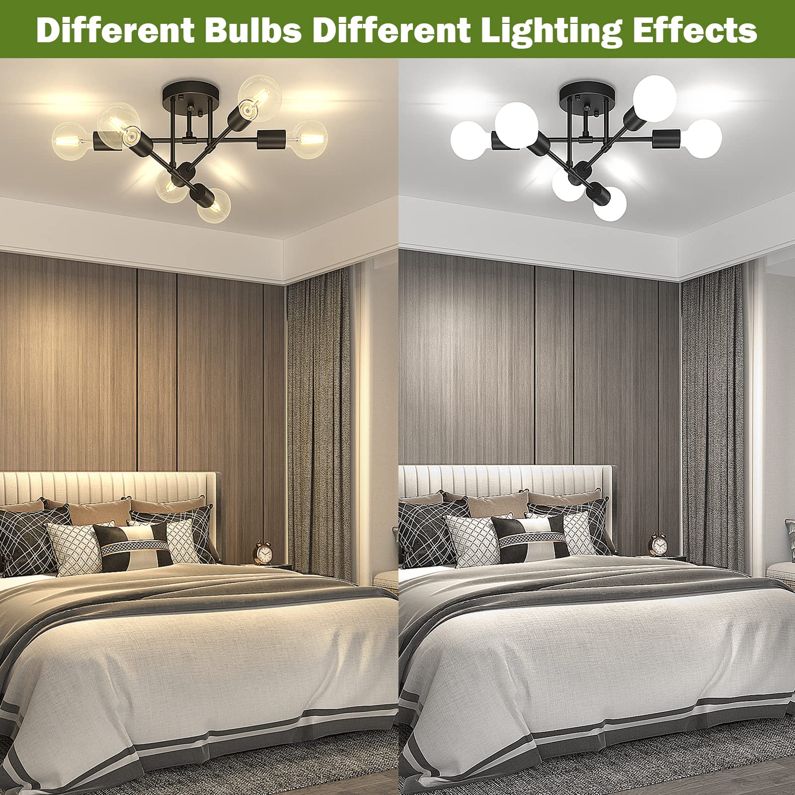 Asnxcju Modern Semi Flush Mount Ceiling Light, 6-Lights, Black Metal Sputnik Chandelier for Dining Room, UL Listed