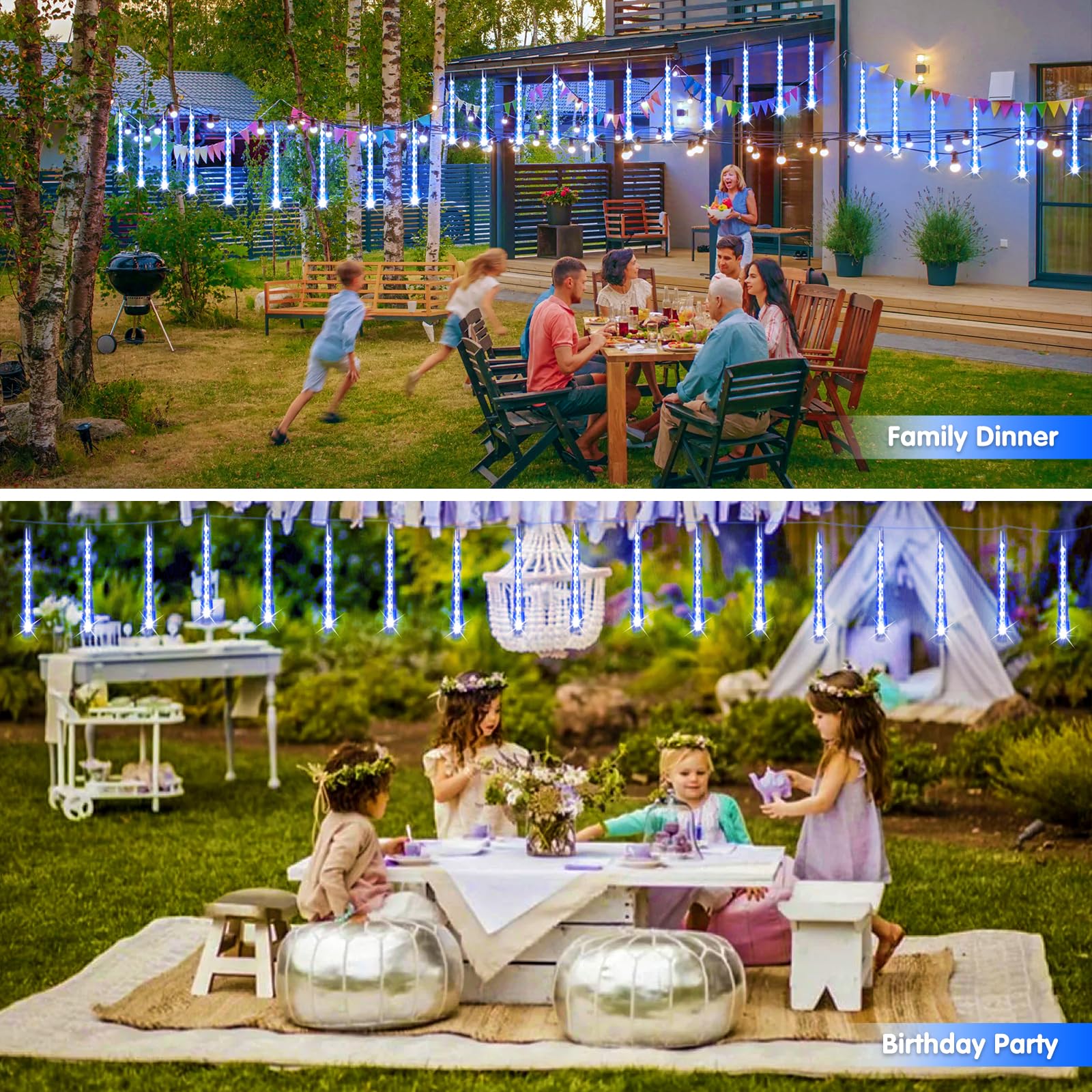 Jmexsuss Blue And White Solar Meteor Shower Rain Lights, 30Cm 8 Tube 144 Led Solar Lights For Party Holiday Yard Patio Decorations