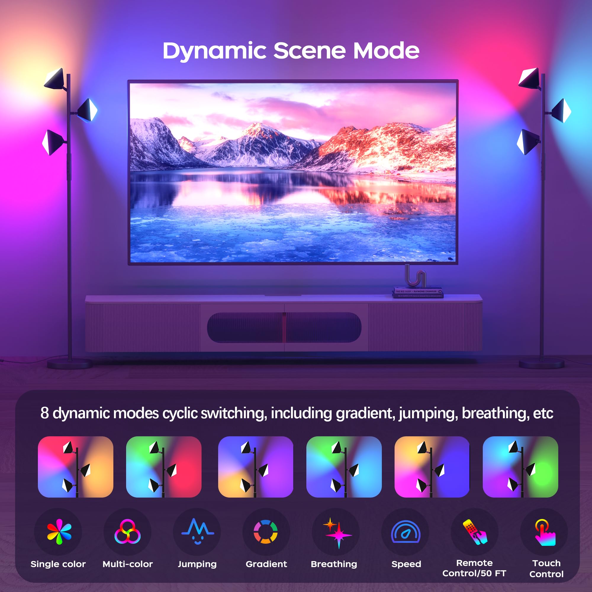 Qimh Rgb Floor Lamp For Living Room, 36W Led Standing Lamp With 3 Lights, Dimmable Smart Lamp With Remote & Touch Control, Color