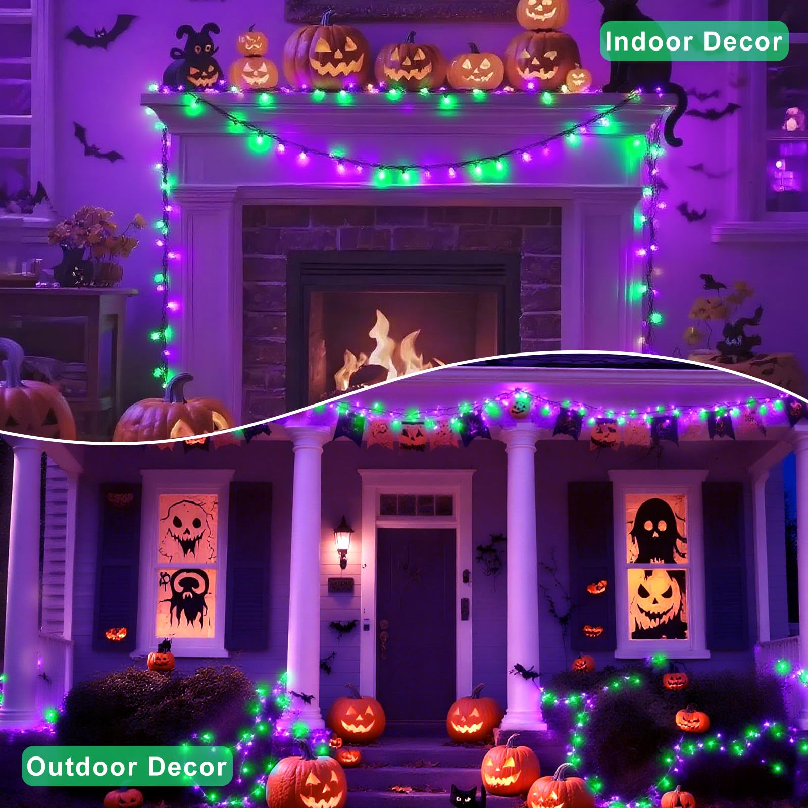 Connectable Purple And Green Halloween Lights, 2Pack 164Ft 400Led 13 Modes String Lights Plug In, Twinkle Light With Timer Indoo
