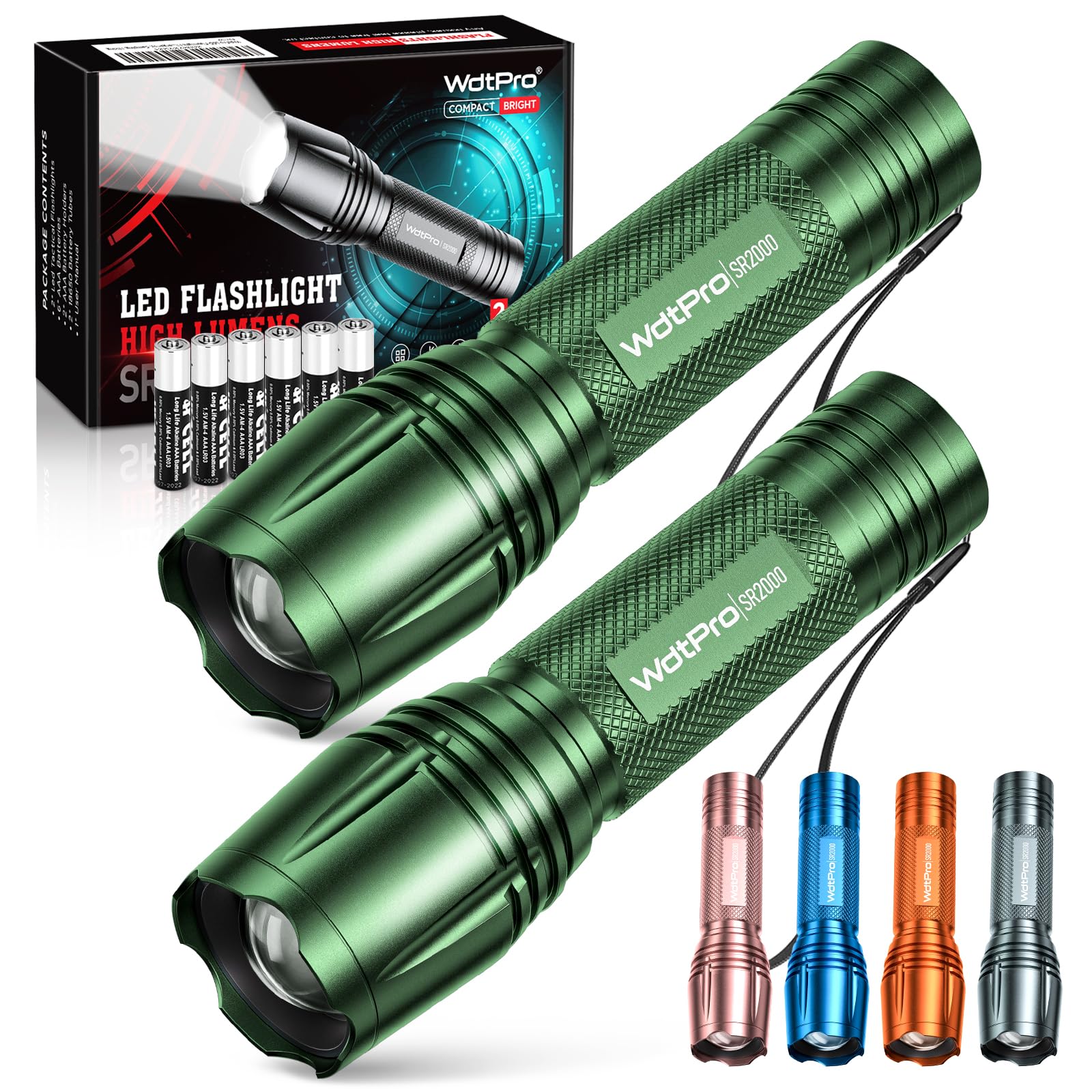 WdtPro LED Flashlight High Lumens SR2000 Pro, 2 Pack Brighter Tactical Flashlights with 5 Modes & Zoomable, Powerful Mini Flash 