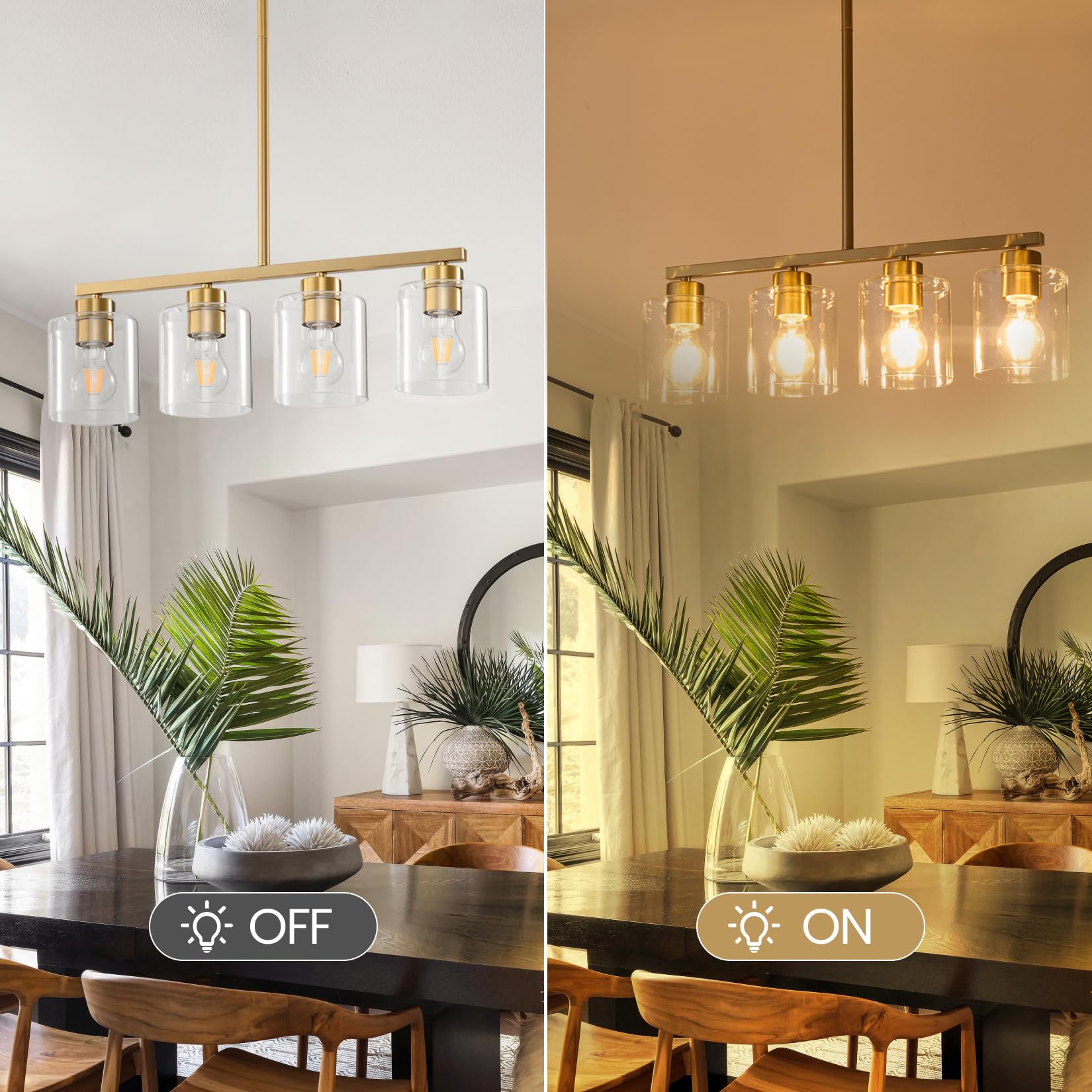 Rocunsi 4-Light Kitchen Island Lighting  Gold Pendant Light Fixture  Farmhouse Dining Room Light Fixtures Over Table  Modern Hanging Light Fixtures With Clear Glass  E26 Base  Bulbs Not Included