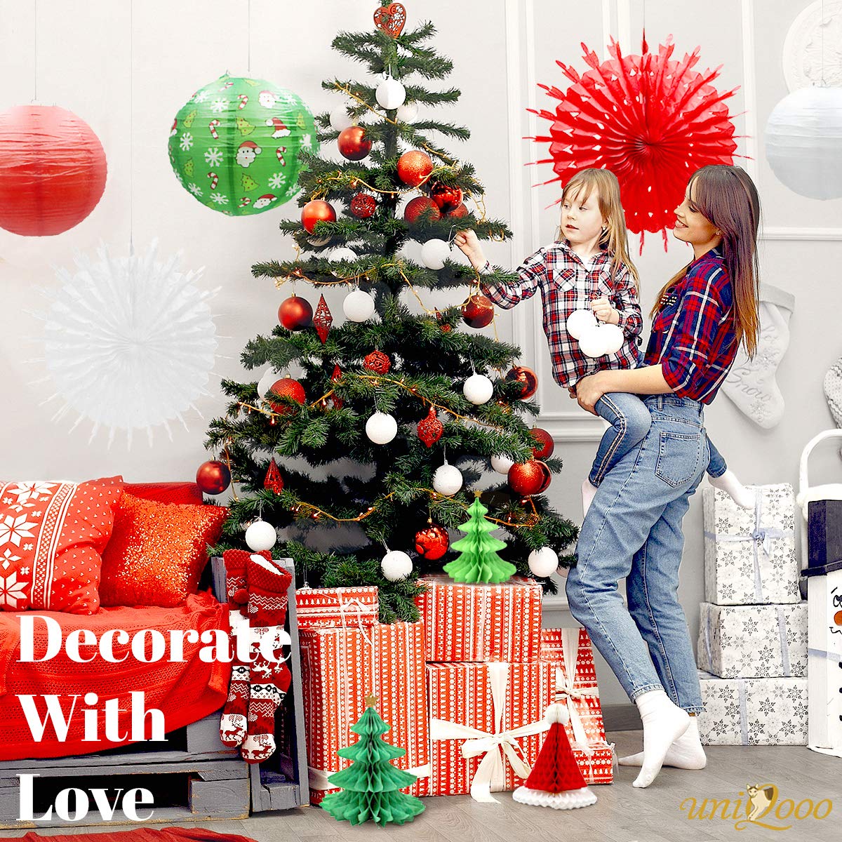 UNIQOOO 14PCS 3D Christmas Honeycomb Paper Lantern Set, Pine Tree, Star, Santa Hat, Snowflake, Paper, Christmas Fan