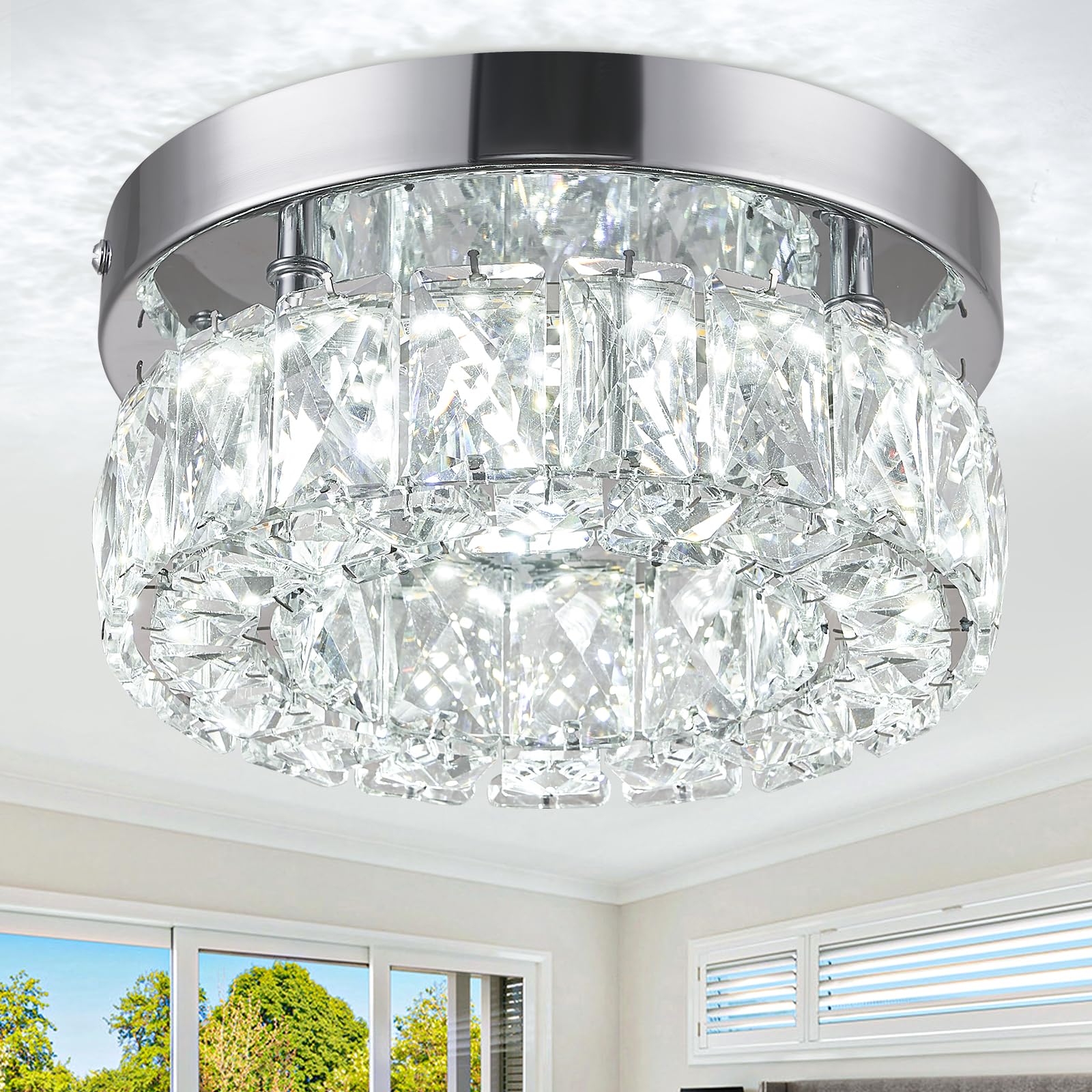 Rheafon 7.9'' Mini Crystal Chandelier Led Flush Mount - K9 Crystal & Stainless Steel Ceiling Light For Bedroom, Kitchen, Hallway