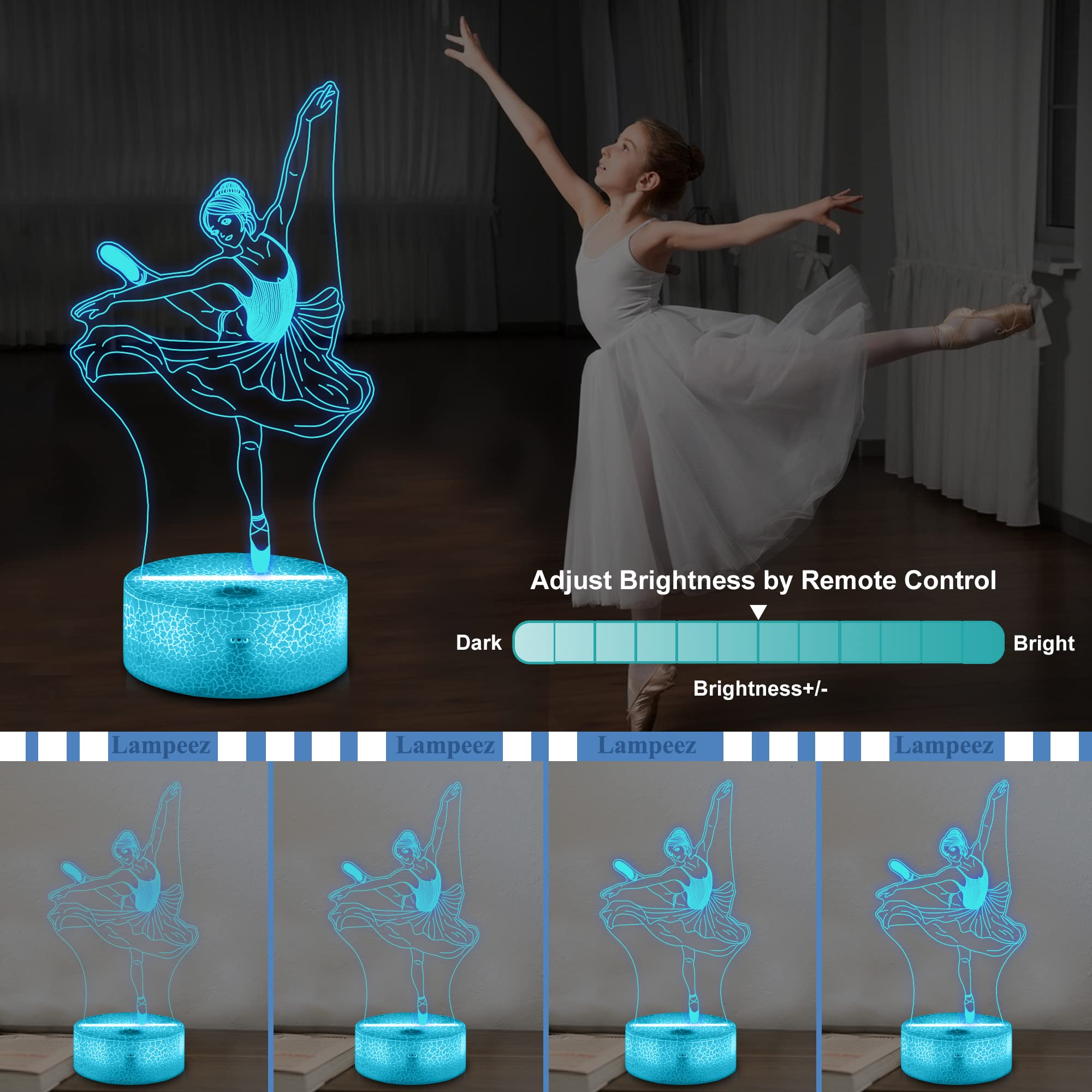 Lampeez Ballet Gifts Kids 3D Ballerina Night Light Ballet Dancer Lamp With 16 Colors Remote Control Changing Birthday Xmas Gift