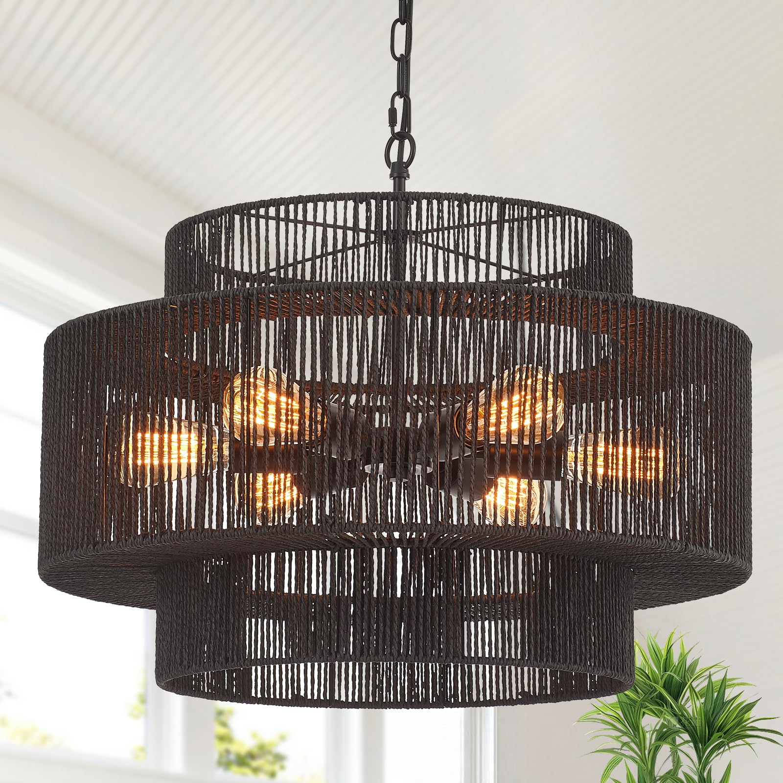 Widluth Hand-Woven Rattan Chandelier Vintage 6-Light Farmhouse Boho Bamboo Chandelier Light Fixture 23.6" Retro 3-Tier Drum Wicker Rattan Black Chandelier For Dining Room, Kitchen Island, Bedroom