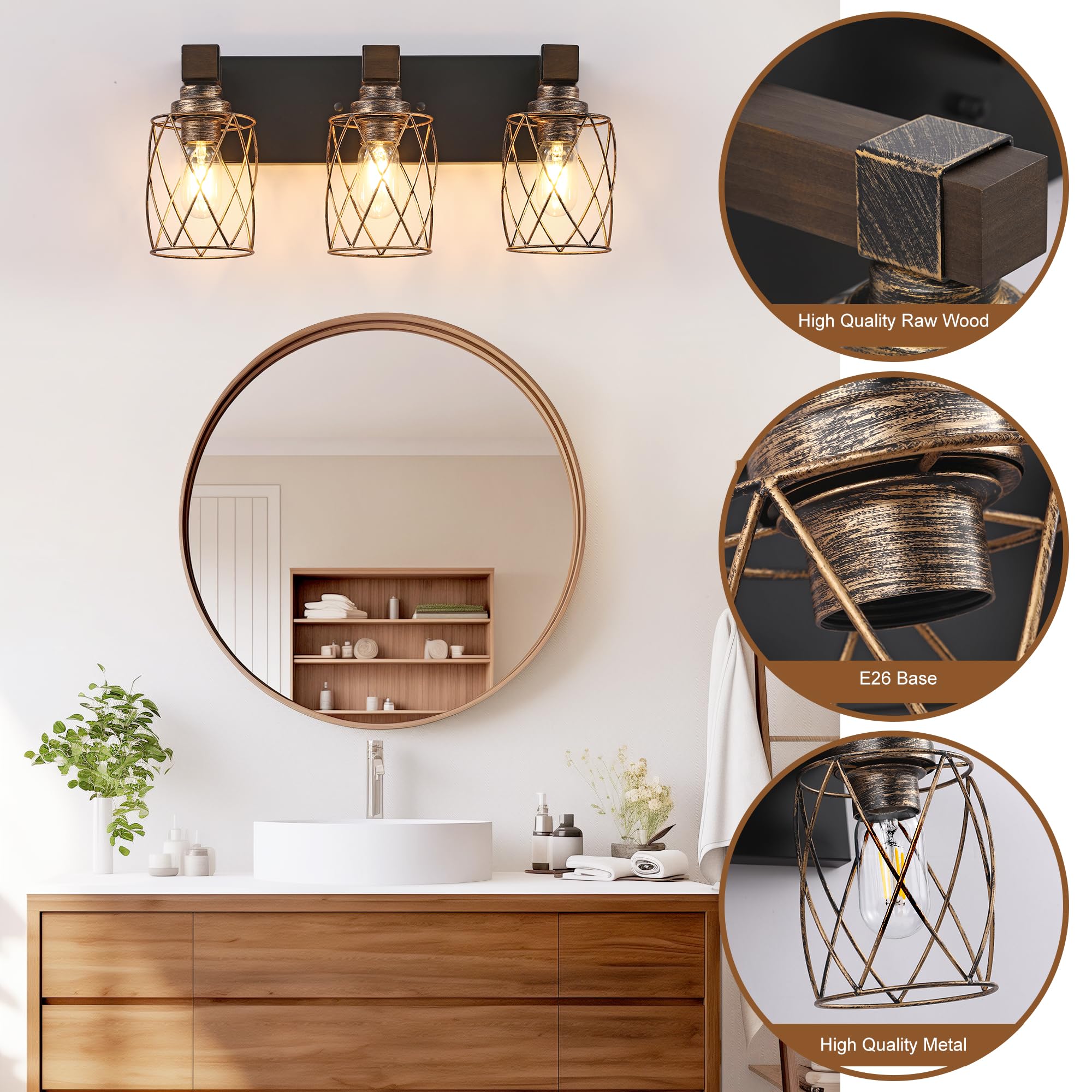 XvmBvm Farmhouse Bathroom Vanity Light - 3-Light Metal Fixture, Black Gold, Model X3015-G-3 for Rustic Lighting in Bathroom, Living Room, Hallway