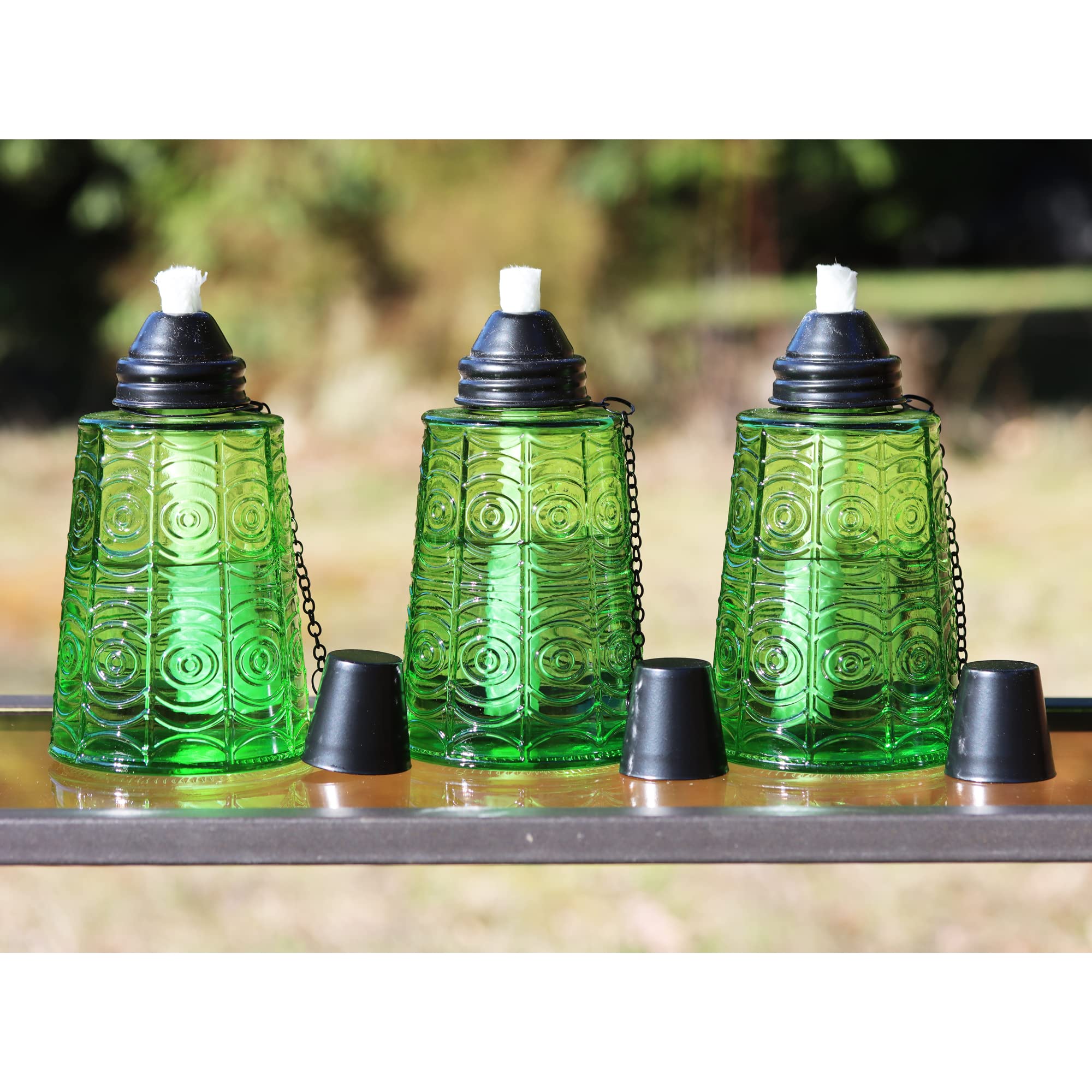 Seraphic Citronella Tiki Torches Set of 3, 16oz Decorative Glass, Green for Outdoor Patio, Deck, Garden, Parties