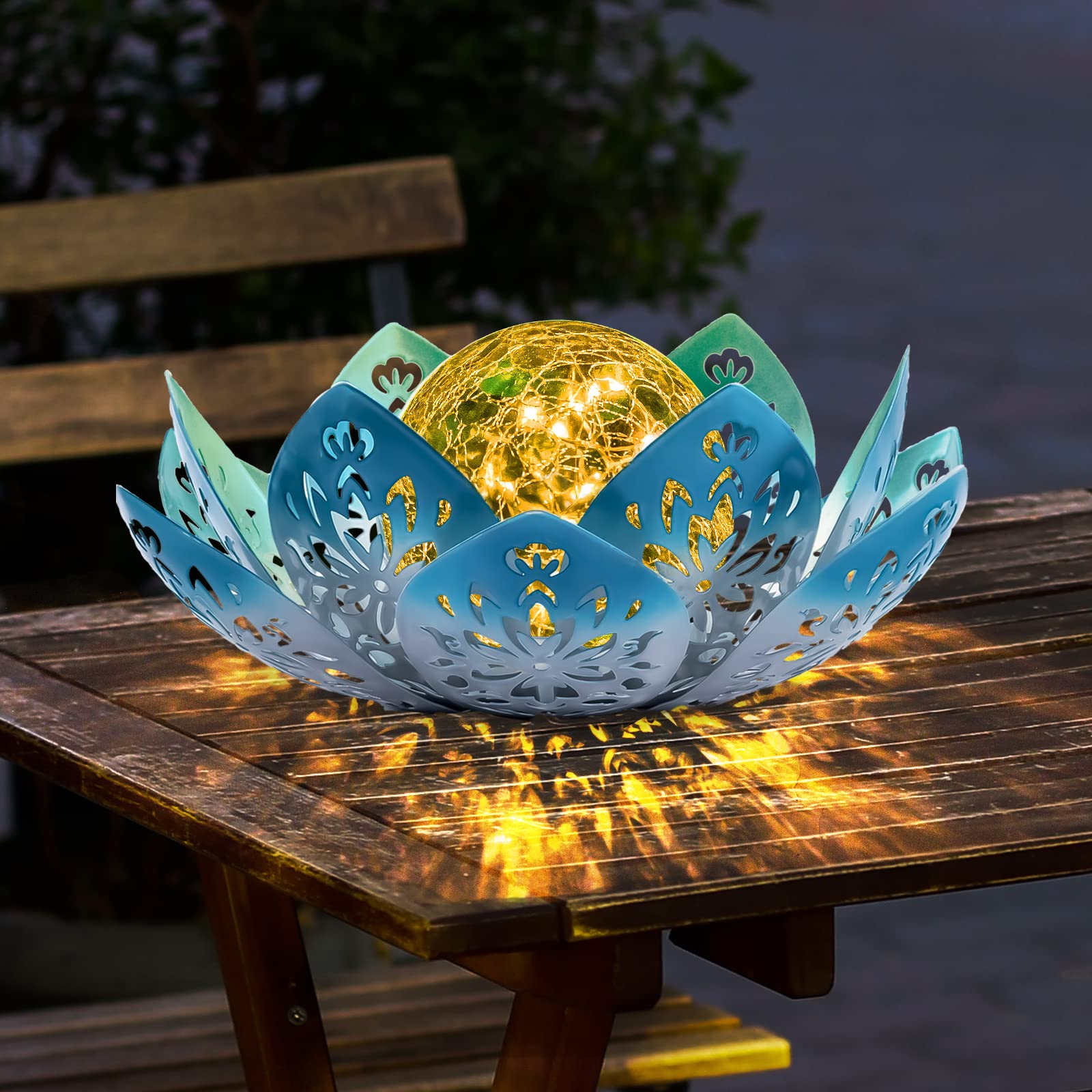 Huaxu Solar Lights Outdoor Decorative - Bright Blue Lotus Flower Table Lamp, Glass Globe 30 LED Waterproof Metal Decorations Gif
