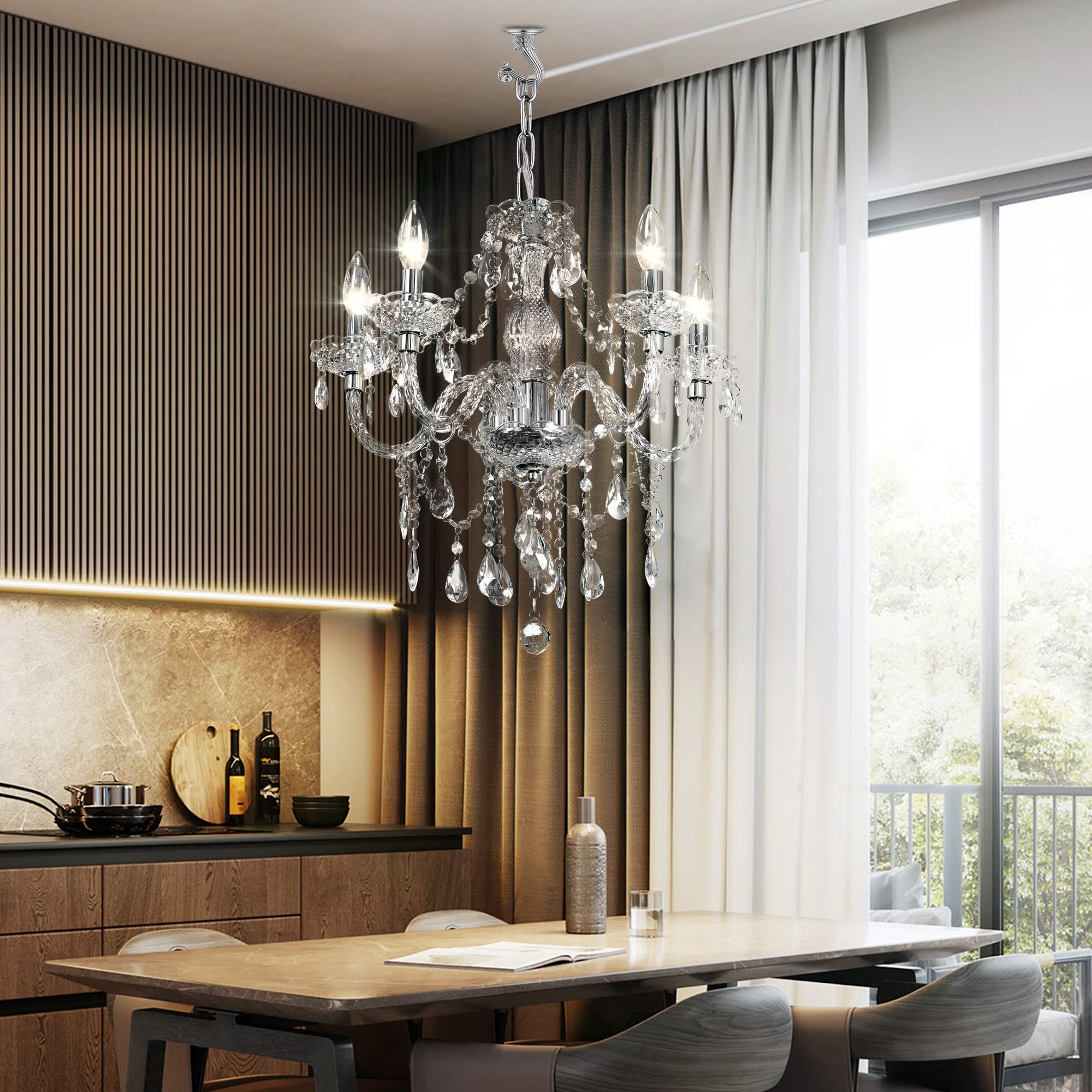 PAPAYA 5-Light Acrylic Chandelier with Clear Cord & On/Off Switch, H19 D19.7, Clear-L-5, Ideal for Kitchen Island & Dining Areas