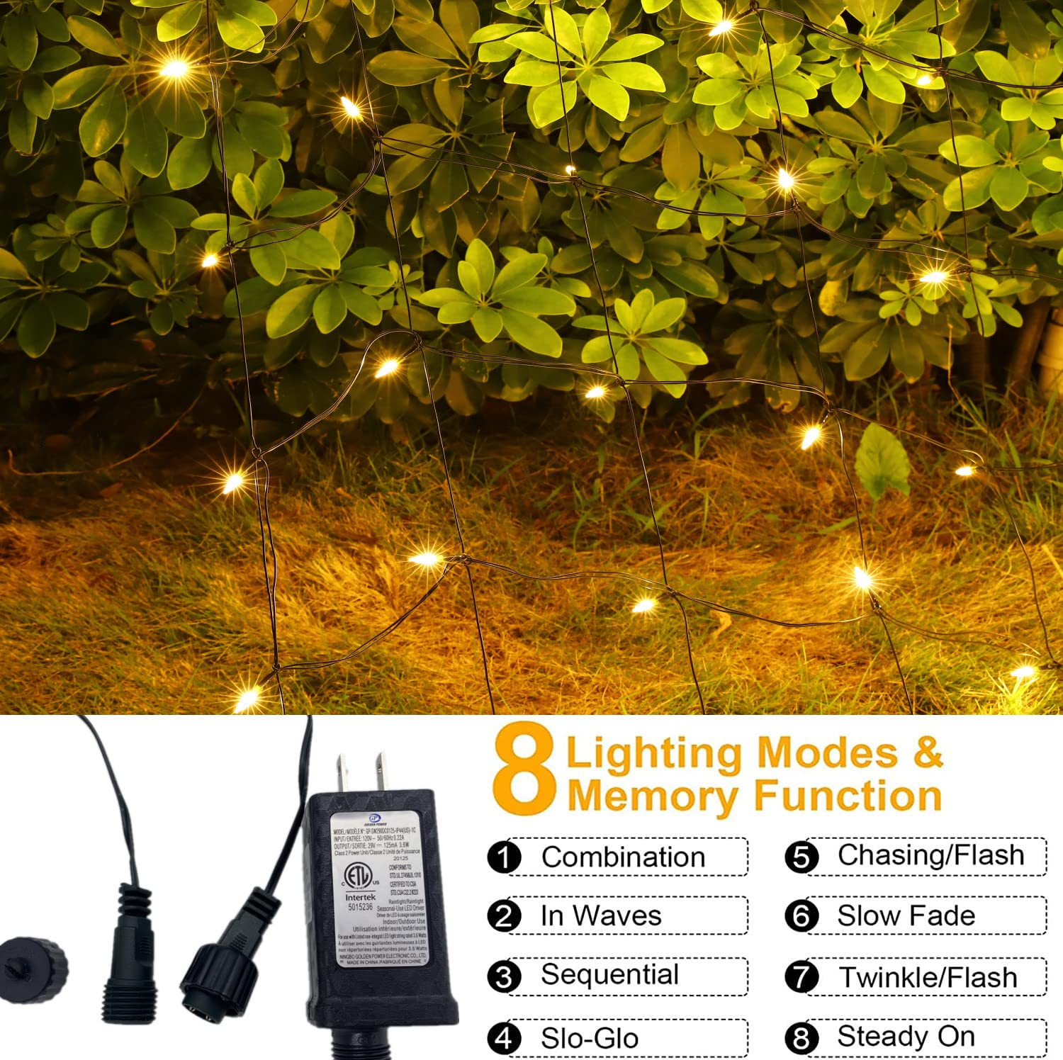 Efunly LED Christmas Net Lights, 100 LED, 5ftx5ft, Waterproof, 8 Modes, Warm White, Model GP-SW290DC0125-IP44(US)-