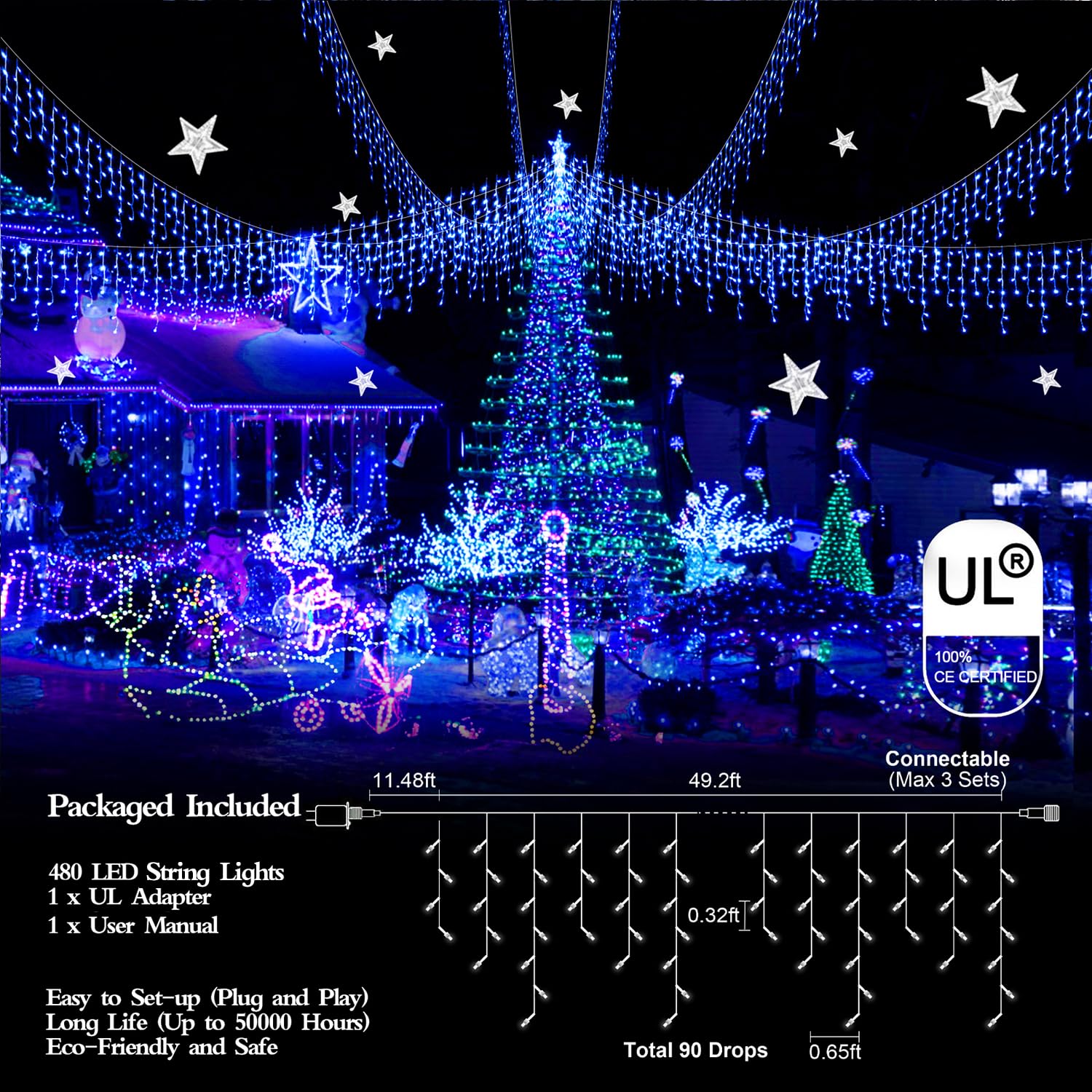 FLVOECN LED Christmas Lights 49FT 480 LEDs Waterproof Dimmable 8 Modes Blue Model BG-CL3M3-306L01