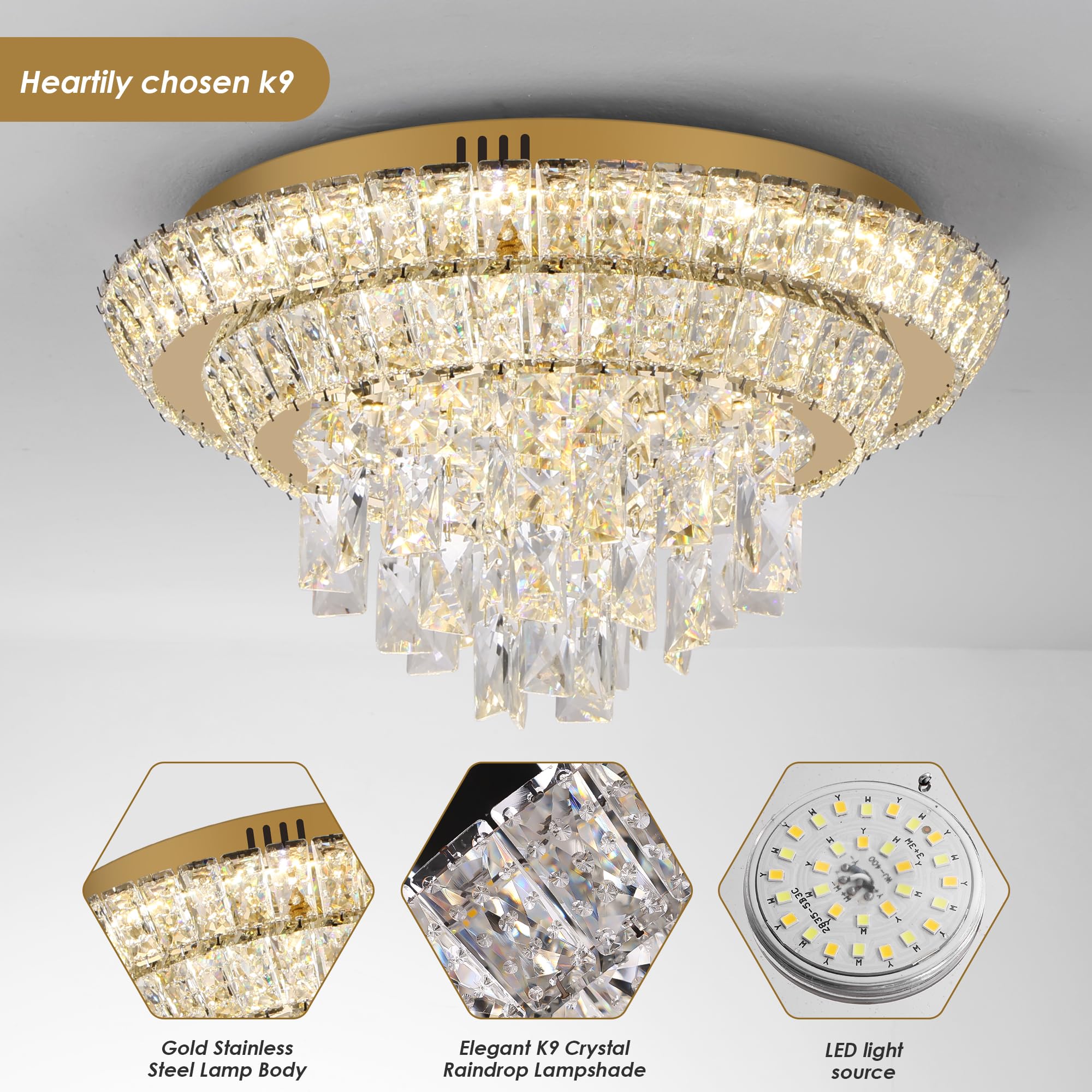 Redstar 18'' Crystal Gold Ceiling-Light Flush Mount With Remote Control, Colors Temp & Brightness Adjustable, Modern Crystal Rai