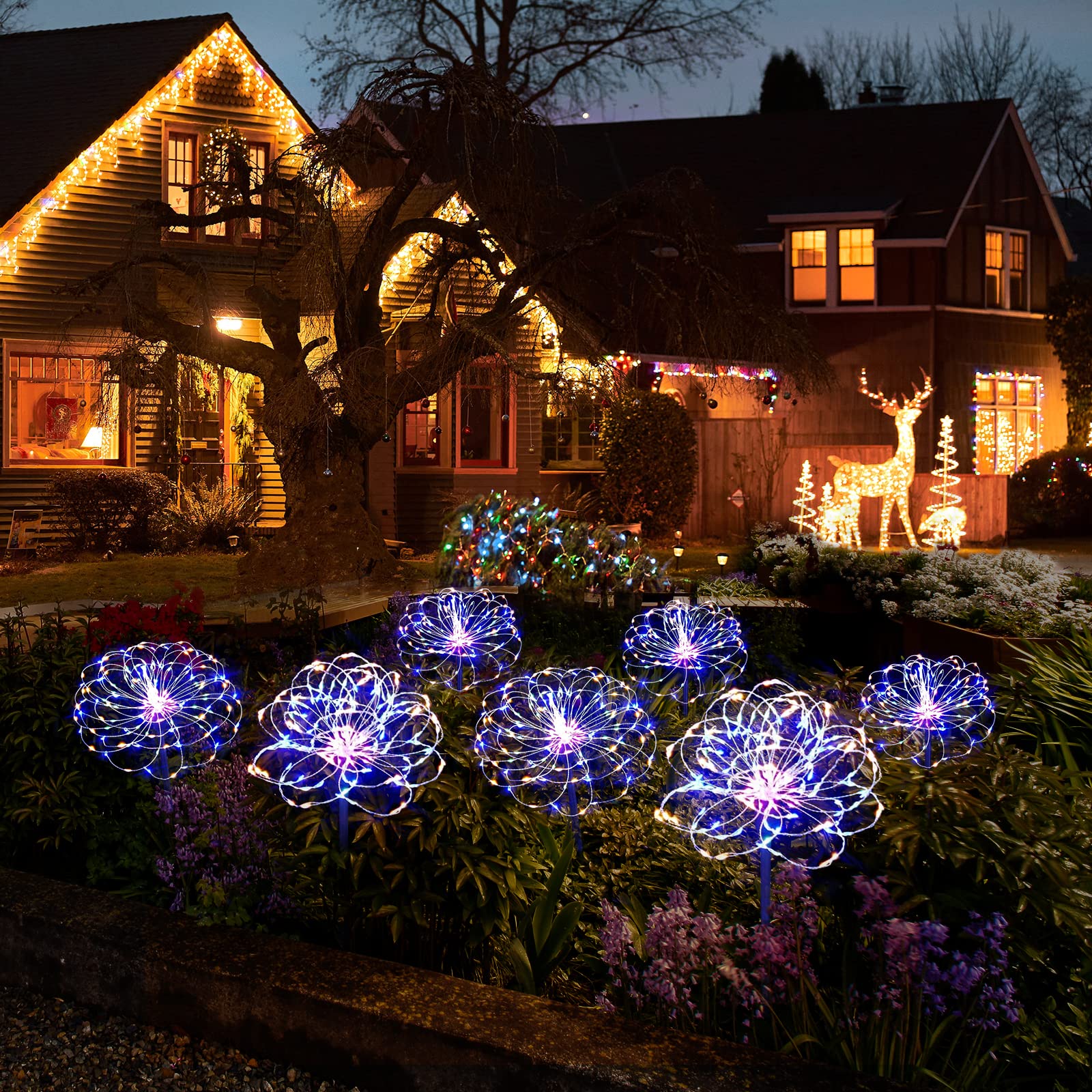 Christmas Solar Garden Lights Solar Lights Outdoor Waterproof 2 Pack Solar Powered Firework Stake Lights 120 Led Sparklers Solar Outside Lights For Yard Pathway Flowerbed Decor (Colorful)