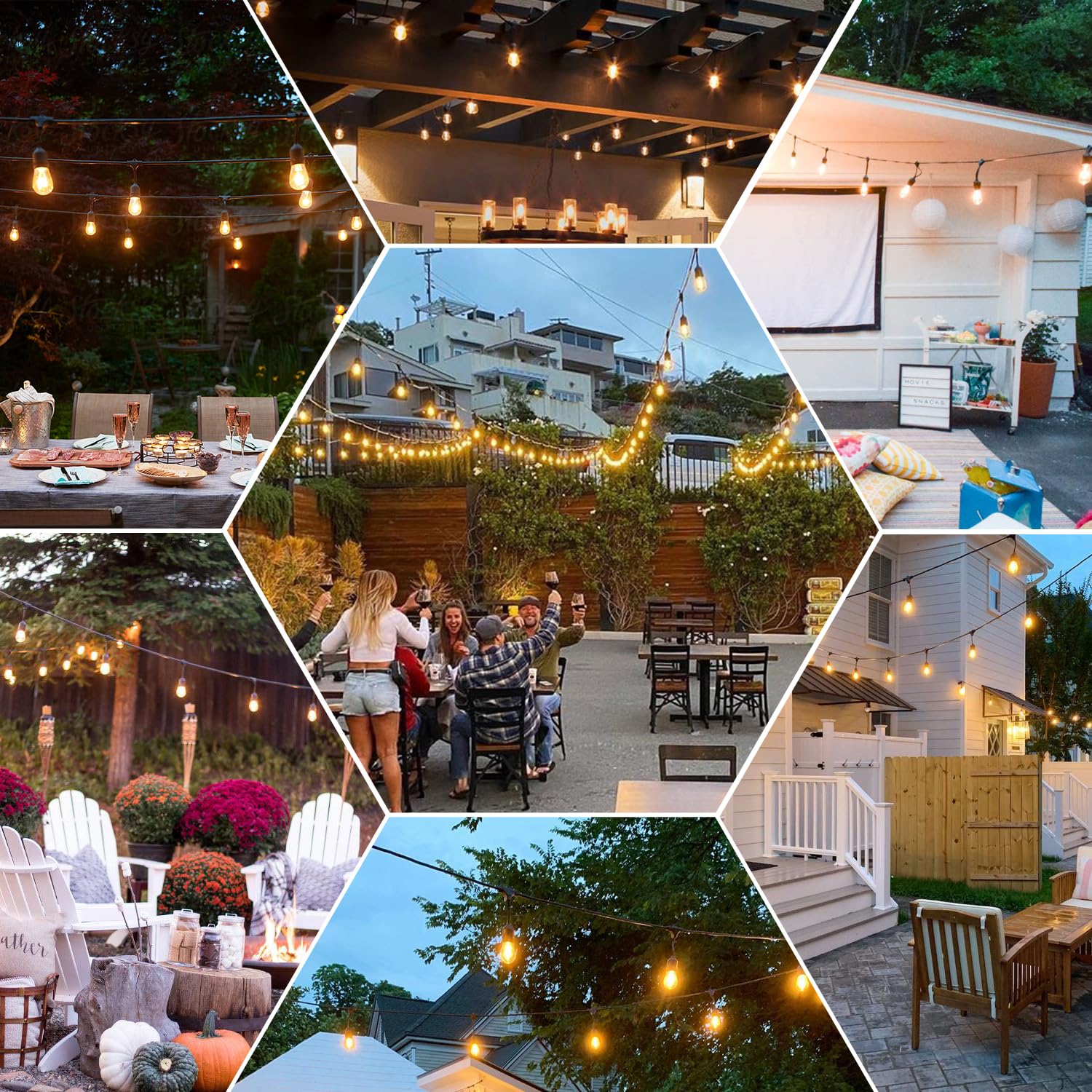 GANA Outdoor String Lights 48FT, 12V Waterproof LED, 15 E26 Sockets, Shatterproof S14 Bulbs, Ideal for Patio and Garden