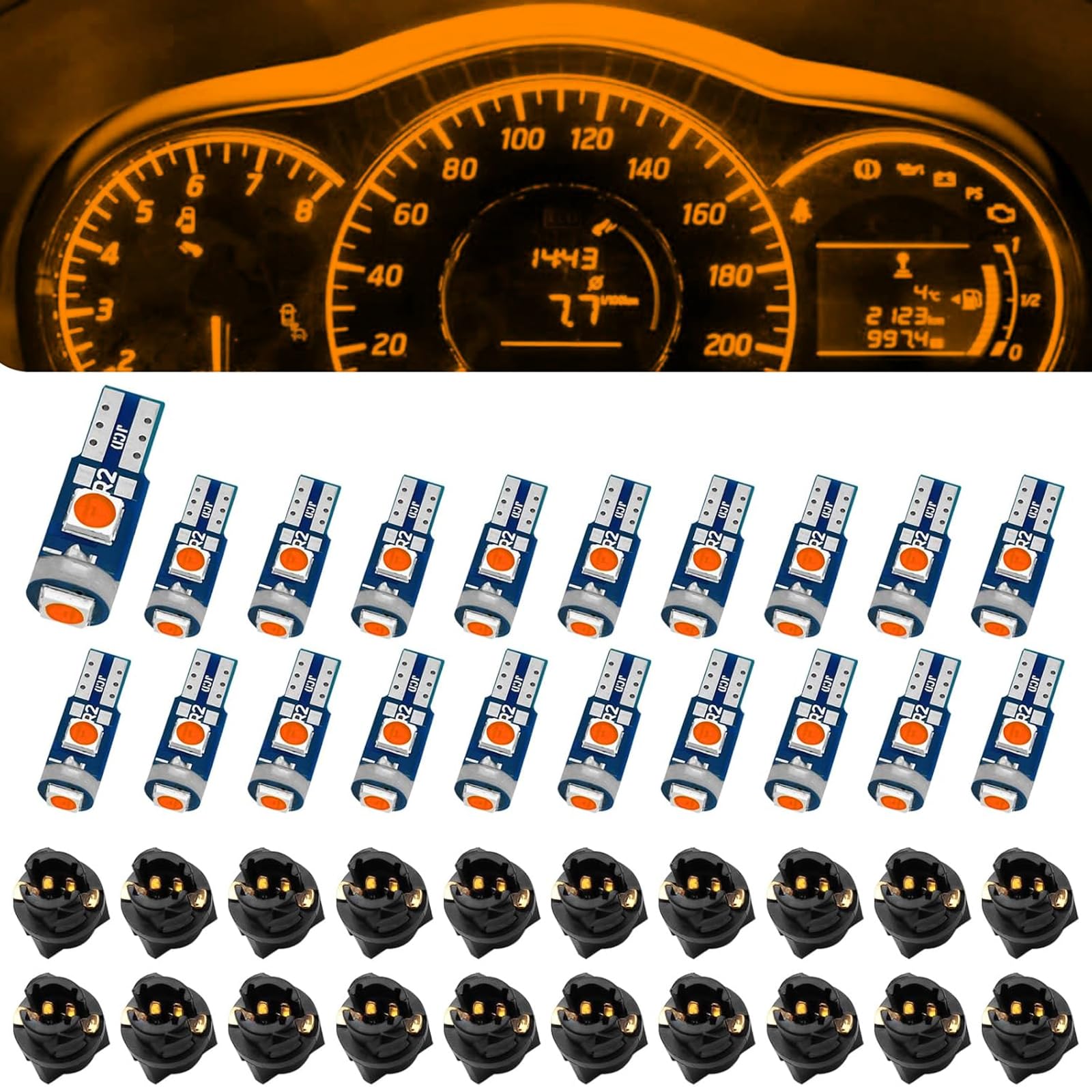 Damwot 74 Led Bulb Dash Lights Super Bright  T5 37 74 LED Bulb with Twist Lock Socket PC74 PC37 Dashboard Lights  Instrument Cluster Bulbs Kits Pack of 20(Yellow)
