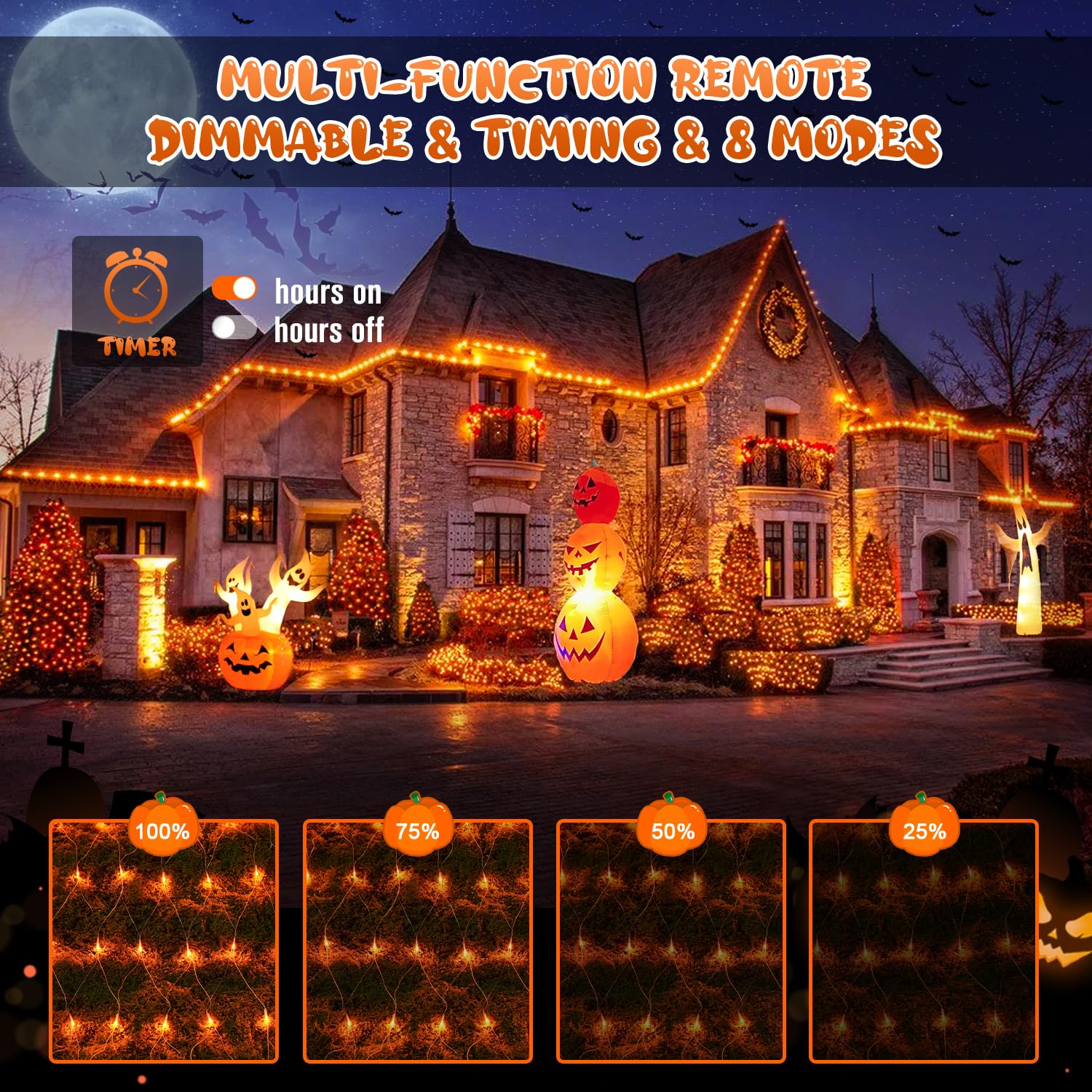 JMEXSUSS Halloween Net Lights, 200 LED, 9.8ft x 6.6ft, Orange, Waterproof, Remote, 8 Modes, Model EXS-N-0200