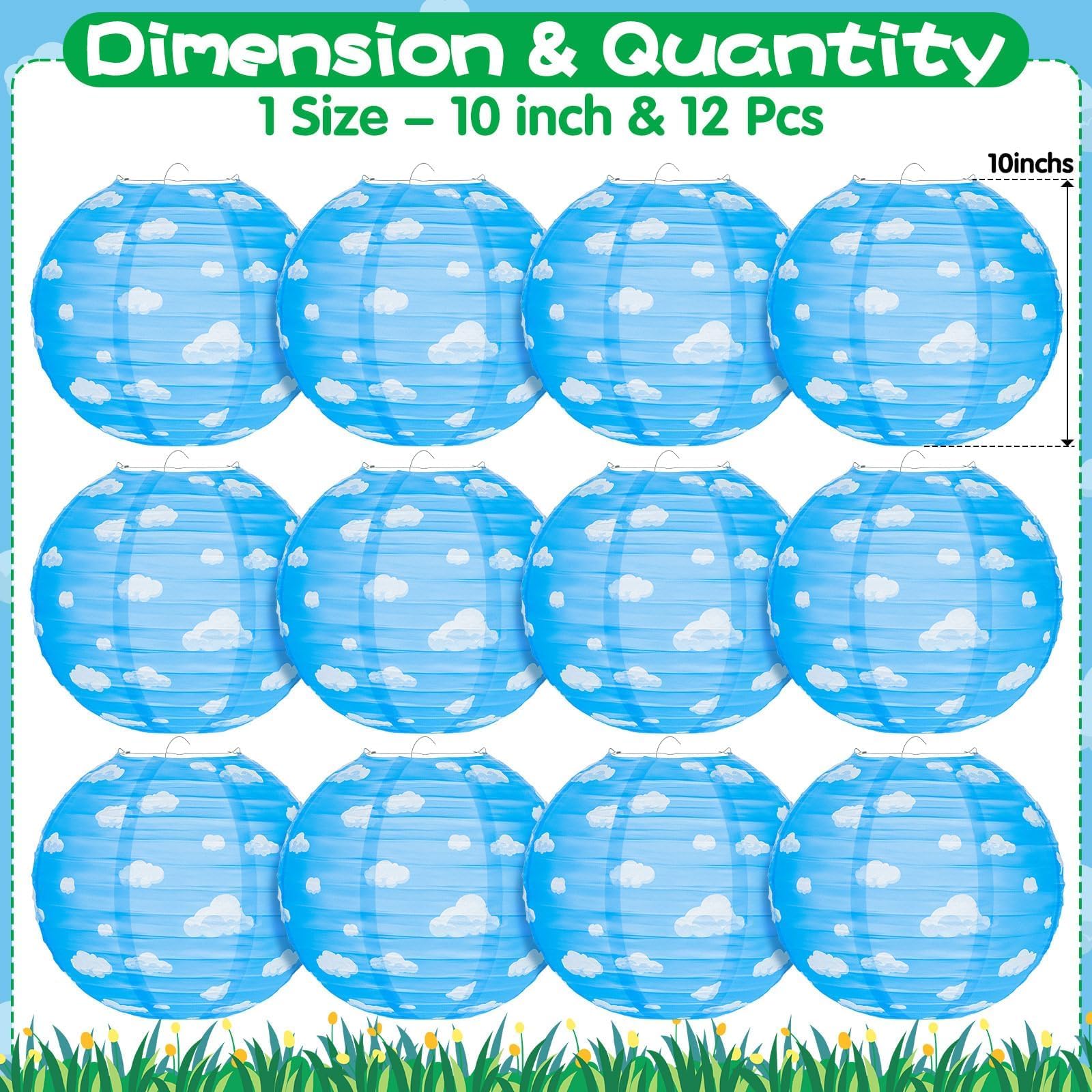 12Pcs Blue Sky White Clouds Paper Lanterns, 10 Inch Blue Party Decorations Hanging Round Paper Lanterns Clouds Theme Party Decor