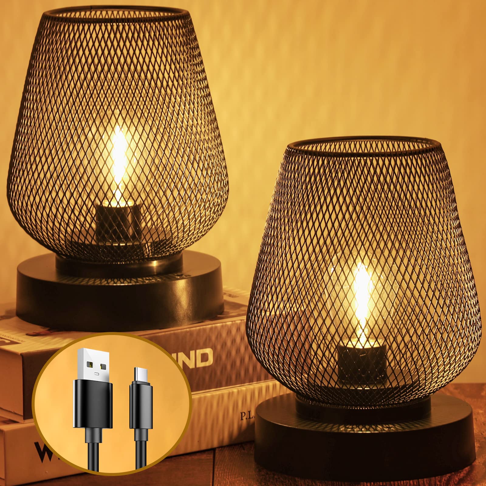 UBright 2 Pack Battery Operated Metal Cage Table Lamp, 4 Lighting Modes, Rechargeable, Black