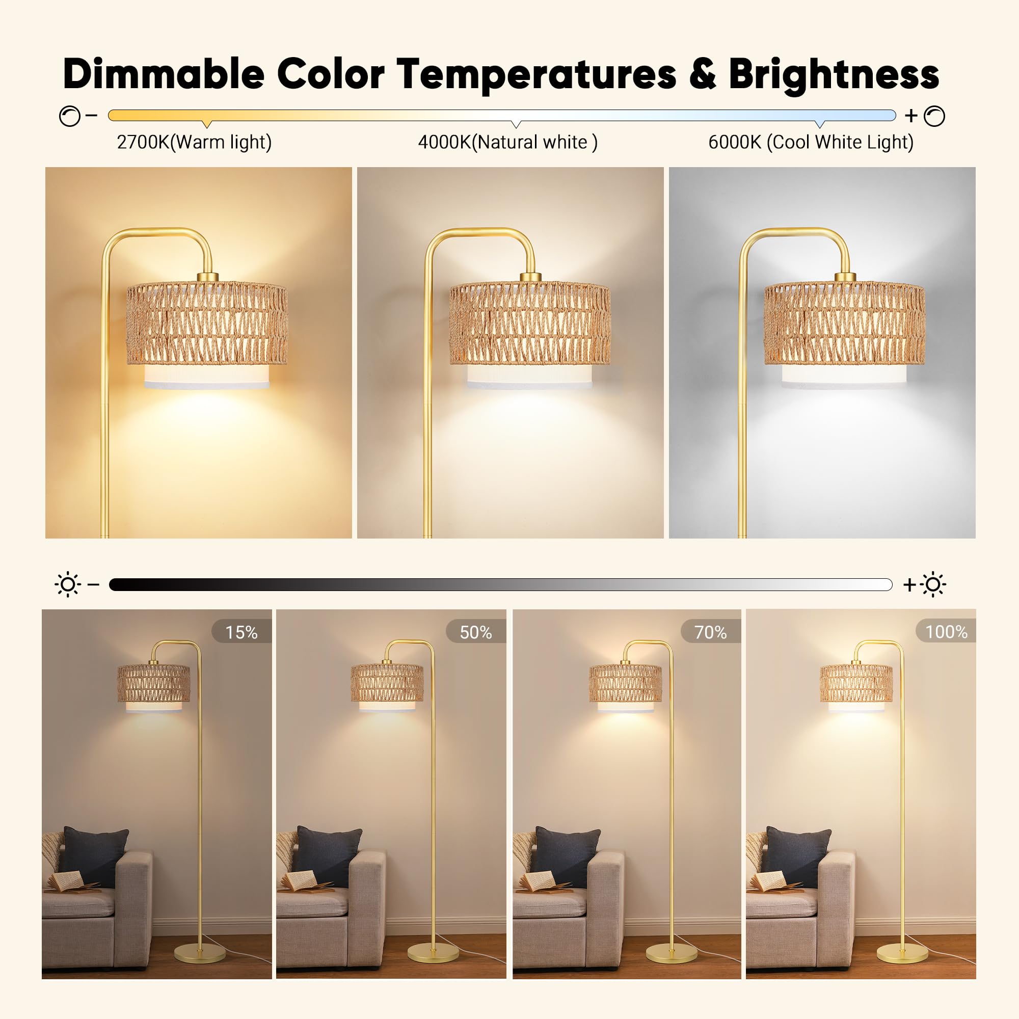 Partphoner Gold Floor Lamp, Dimmable Remote, Boho Rattan & Fabric Shades, 3 Color Temperatures