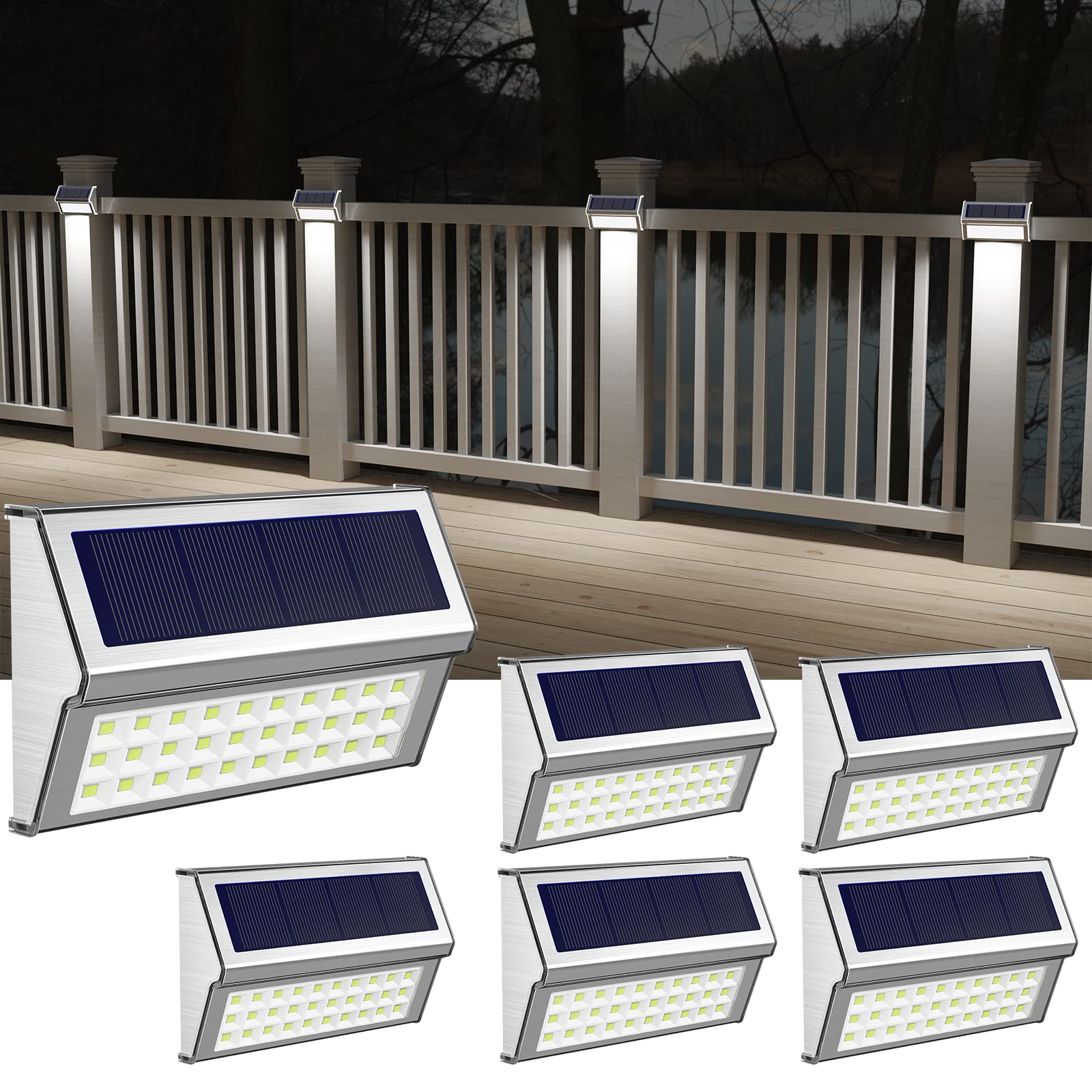 ROSHWEY Solar Deck Lights - 6 Pack, 30 LED, Waterproof, Cool White Light for Outdoor Stair, Fence, Patio, Step, Pool, Yard, Walkway