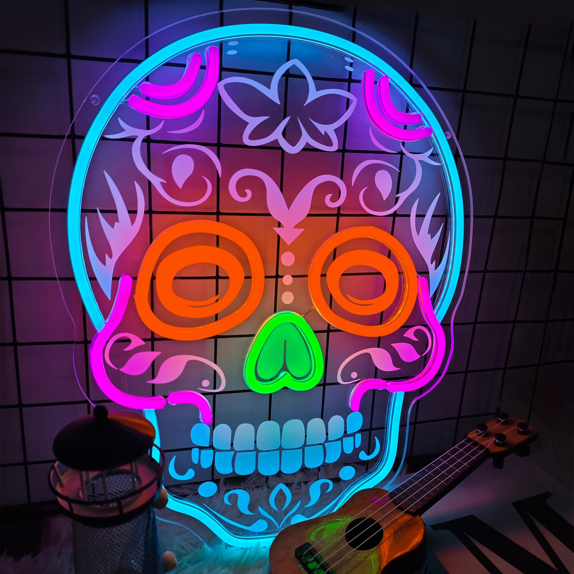 Skull Neon Signs For Bedroom Dimmable Neon Light Uv Printed Skull Signs Led Light For Man Cave malt-inspired Bar Club Game Room Party Decor Gifts  16.5X12.8