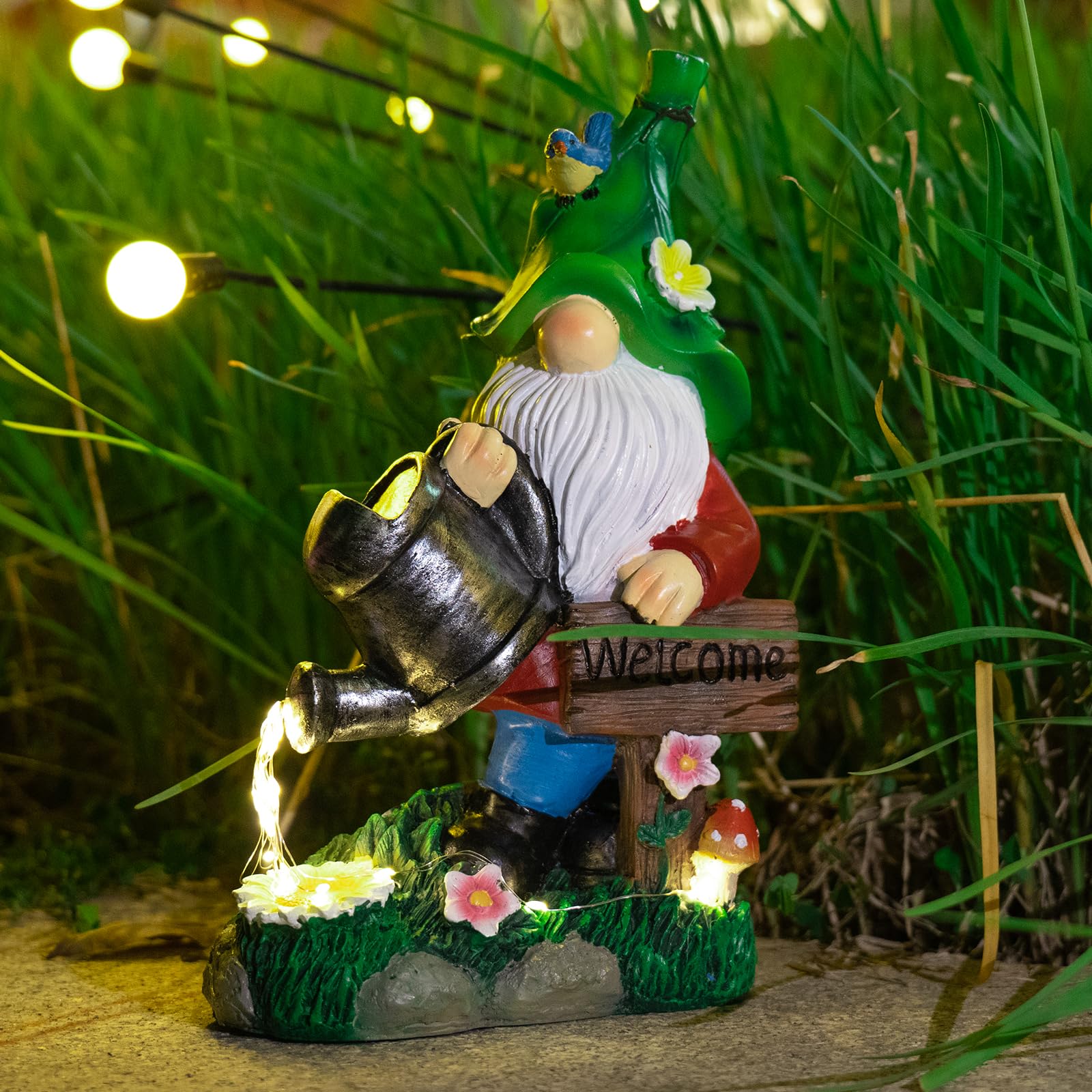 Mopha Garden Gnomes With Watering Can Solar Lights - Resin Outdoor Decor For Patio & Yard