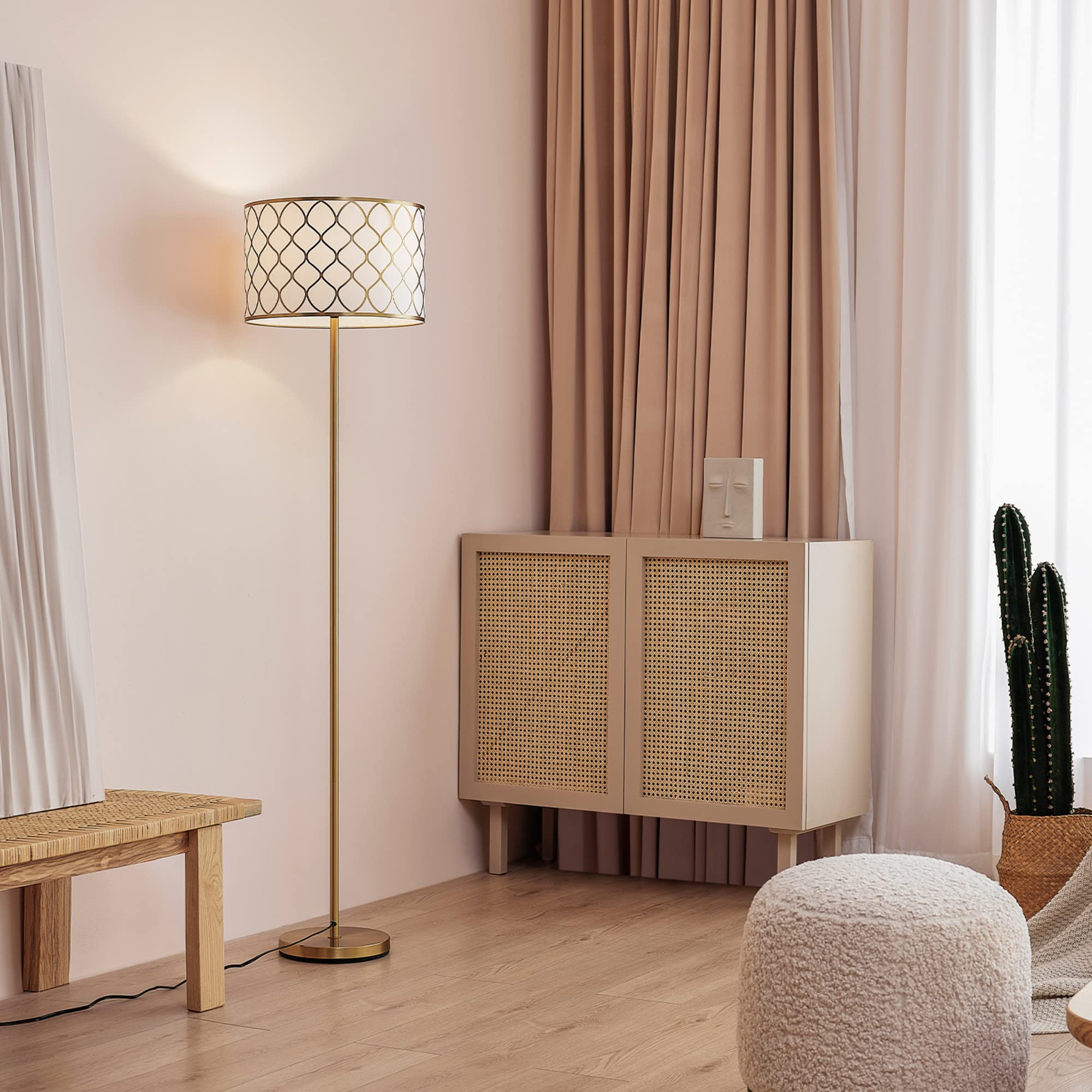 Globe Electric 65787 Kinsley 65'' Floor Lamp, Matte Brass, Metal Mesh Over Cotton Shade