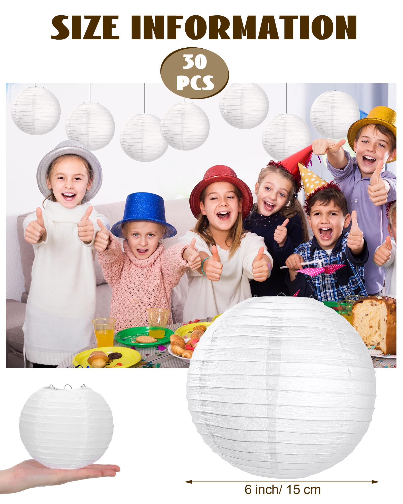Treela 30 Pack White Paper Lanterns, 6 Inch Decorative Hanging Ball Lamps for Weddings & Parties