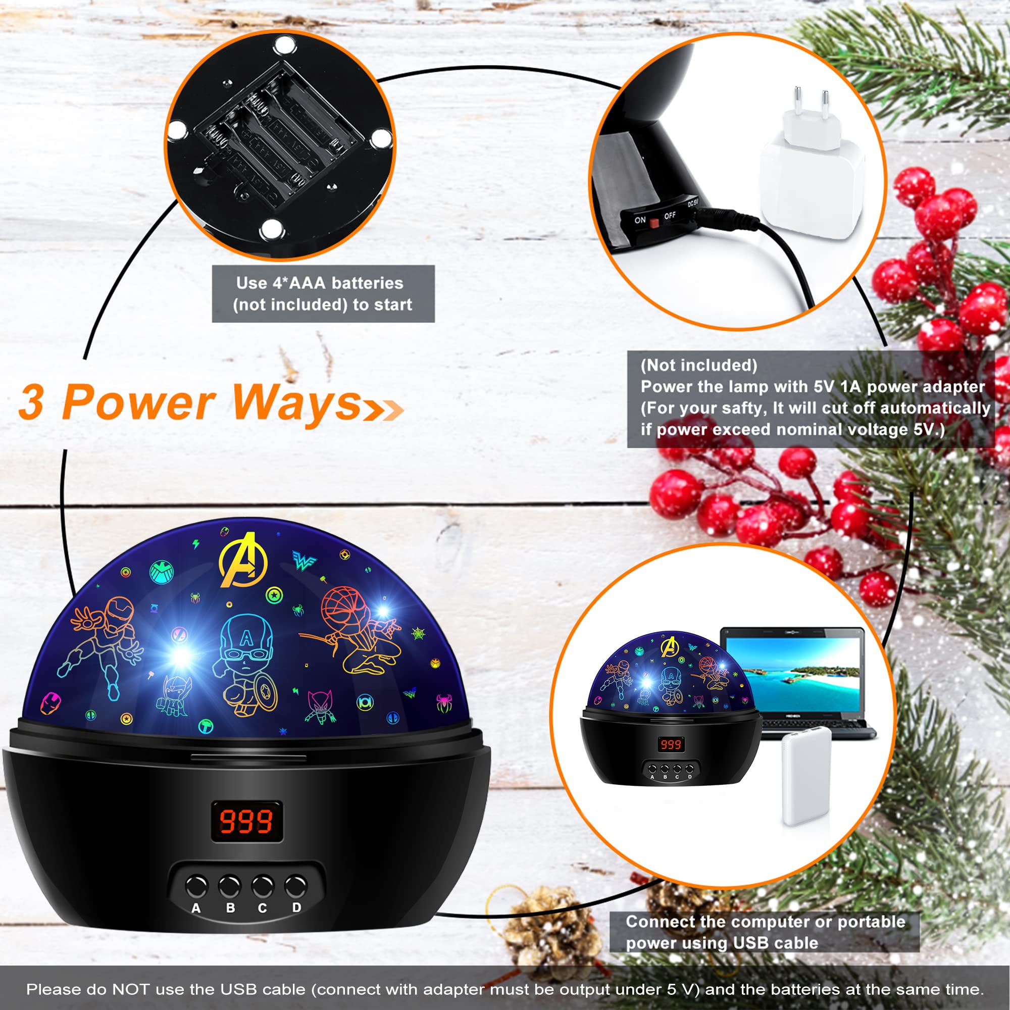 MOKOQI Superhero Night Light Projector for Kids, 360° Rotation, Black, Model NO.012-1761, Includes Spiderman Figurine, Timer