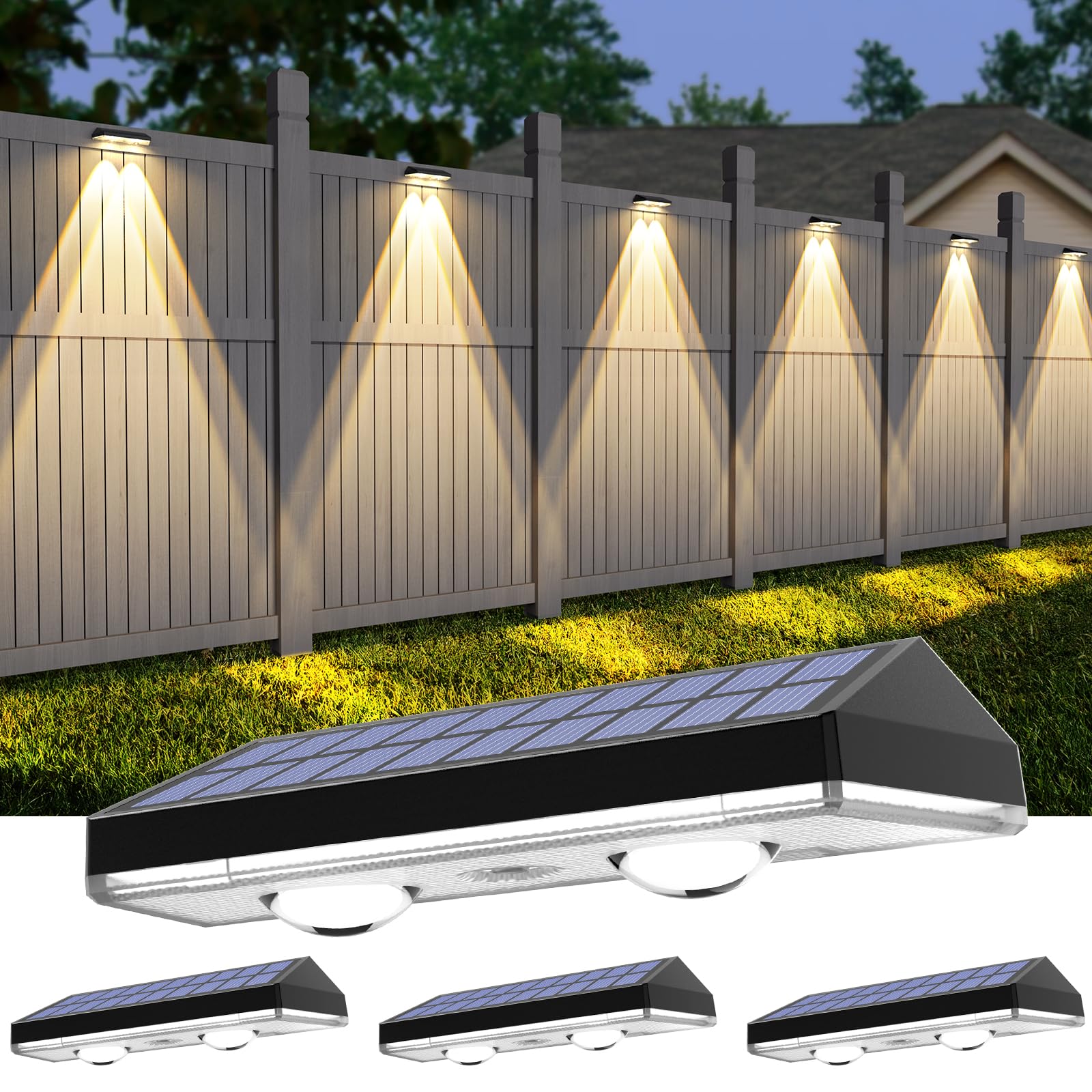 Solar Fence Lights ,Rgb & Warm White & 6 Colors Bright Lens Led Dusk To Dawn Deck Light, Fence Solar Lights Outdoor Waterproof, Solar Outdoor Lights For Backyard/Railing/Wall/Step/Patio/Pool (4Pack)