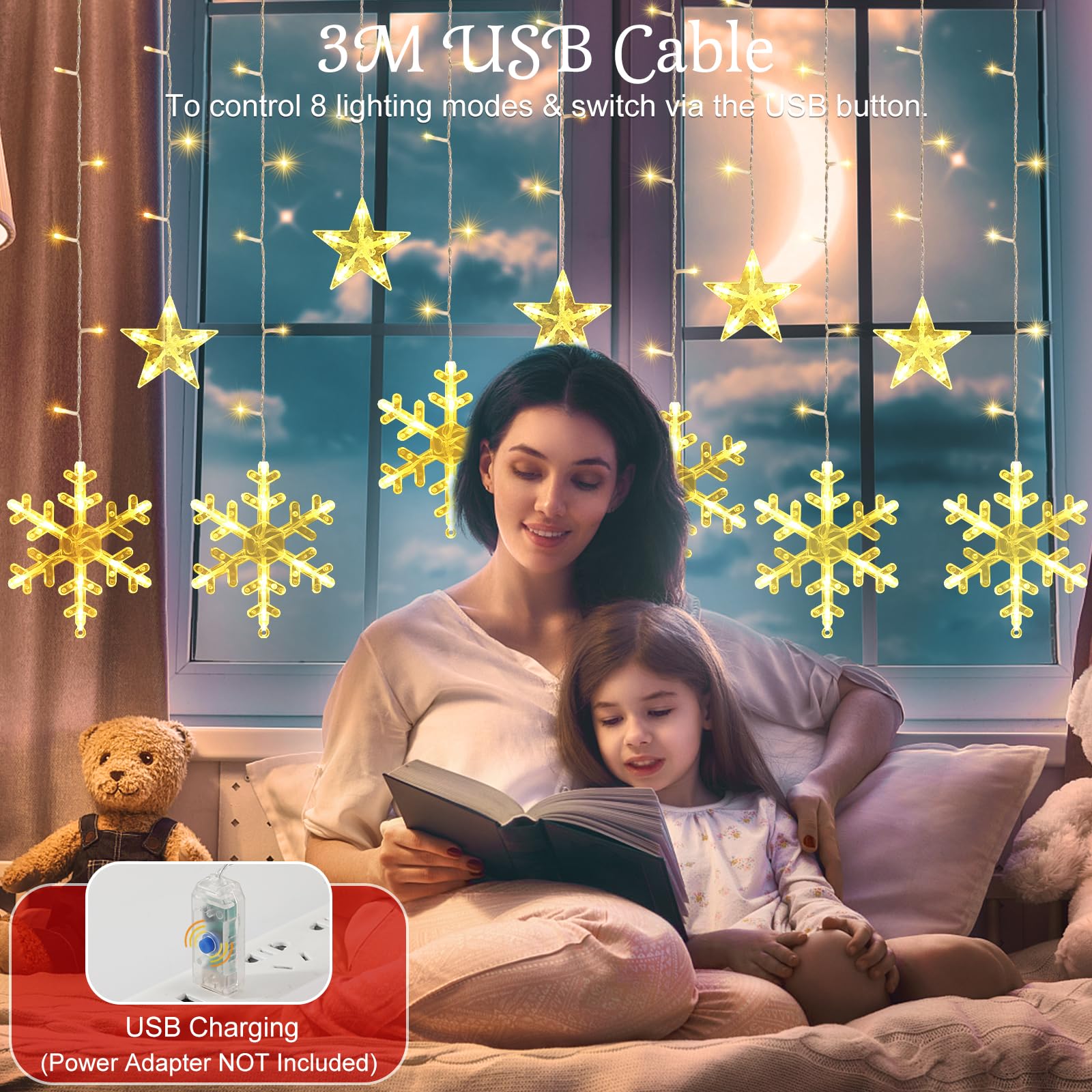 Lewondr 138 LED Christmas String Curtain Lights, USB & Remote Control, 8 Modes, Warm Light, Model HD250052
