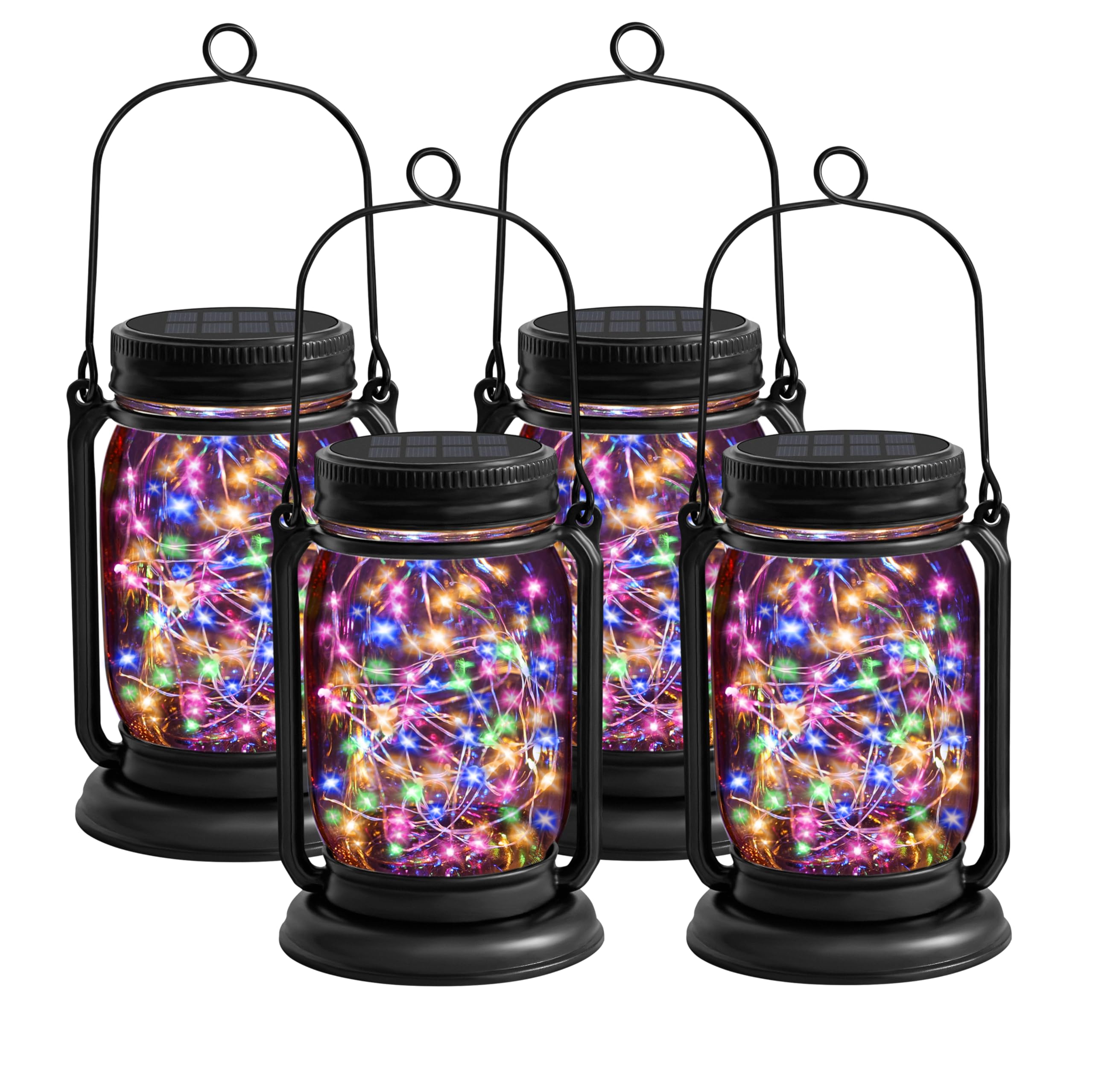 YJFWAL Solar Lantern Lights, 30LED Vintage Glass Mason Jar, Waterproof, 4 Pack, Multicolor