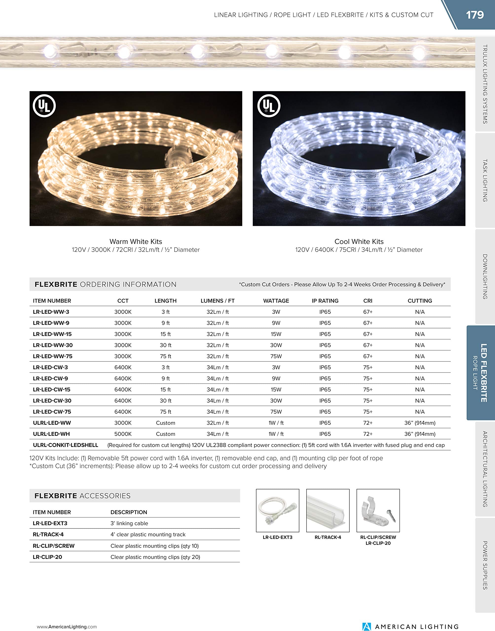 American Lighting LED Flexbrite Rope Light Kit, 15-Foot, 3000K Warm White, 120 Volt, Model LR-LED-WW-15, Plastic Material