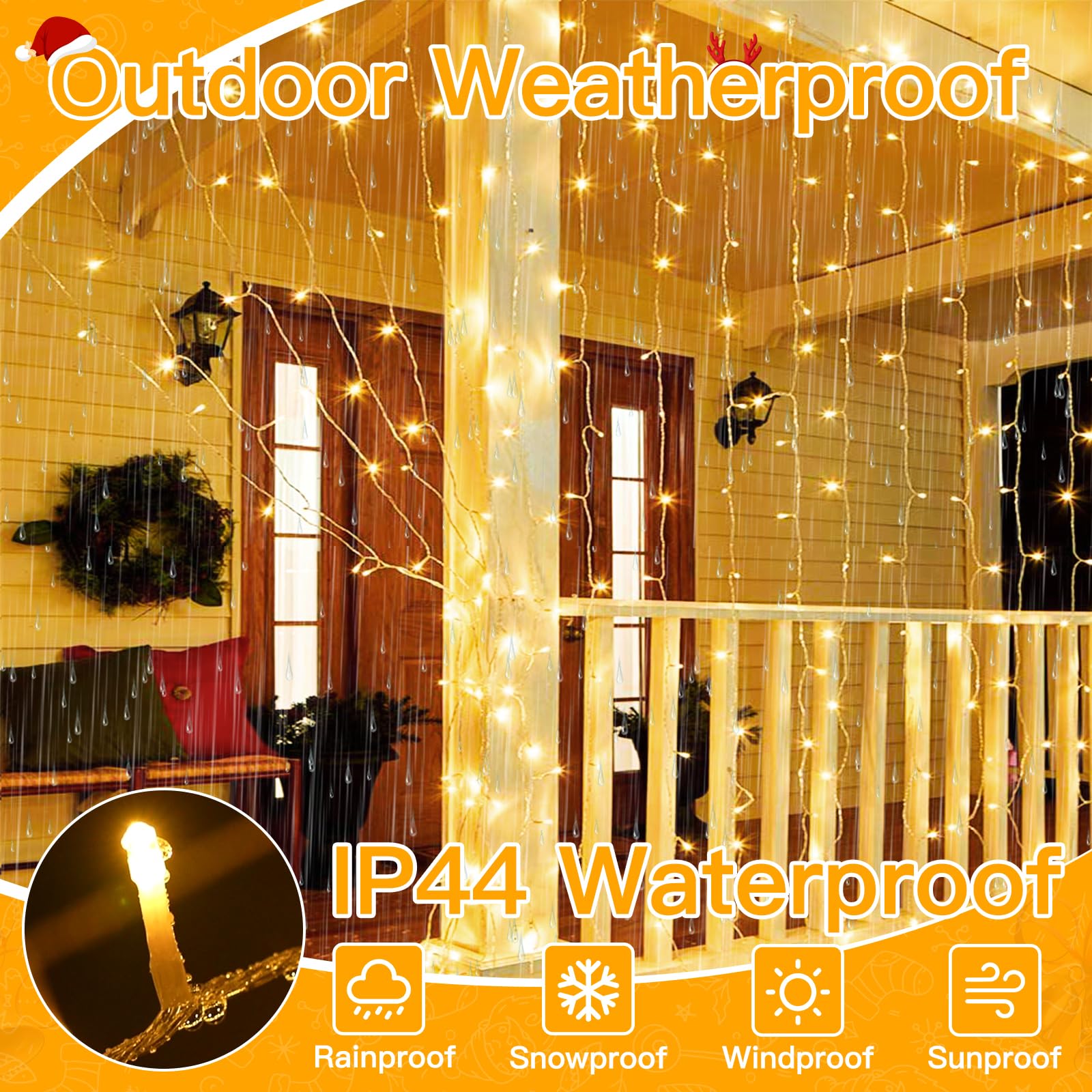 Ollny 300 LED Christmas Curtain Lights, 9.8FT Warm White, Waterproof with Remote Timer & 8 Modes, Model W0103M300L
