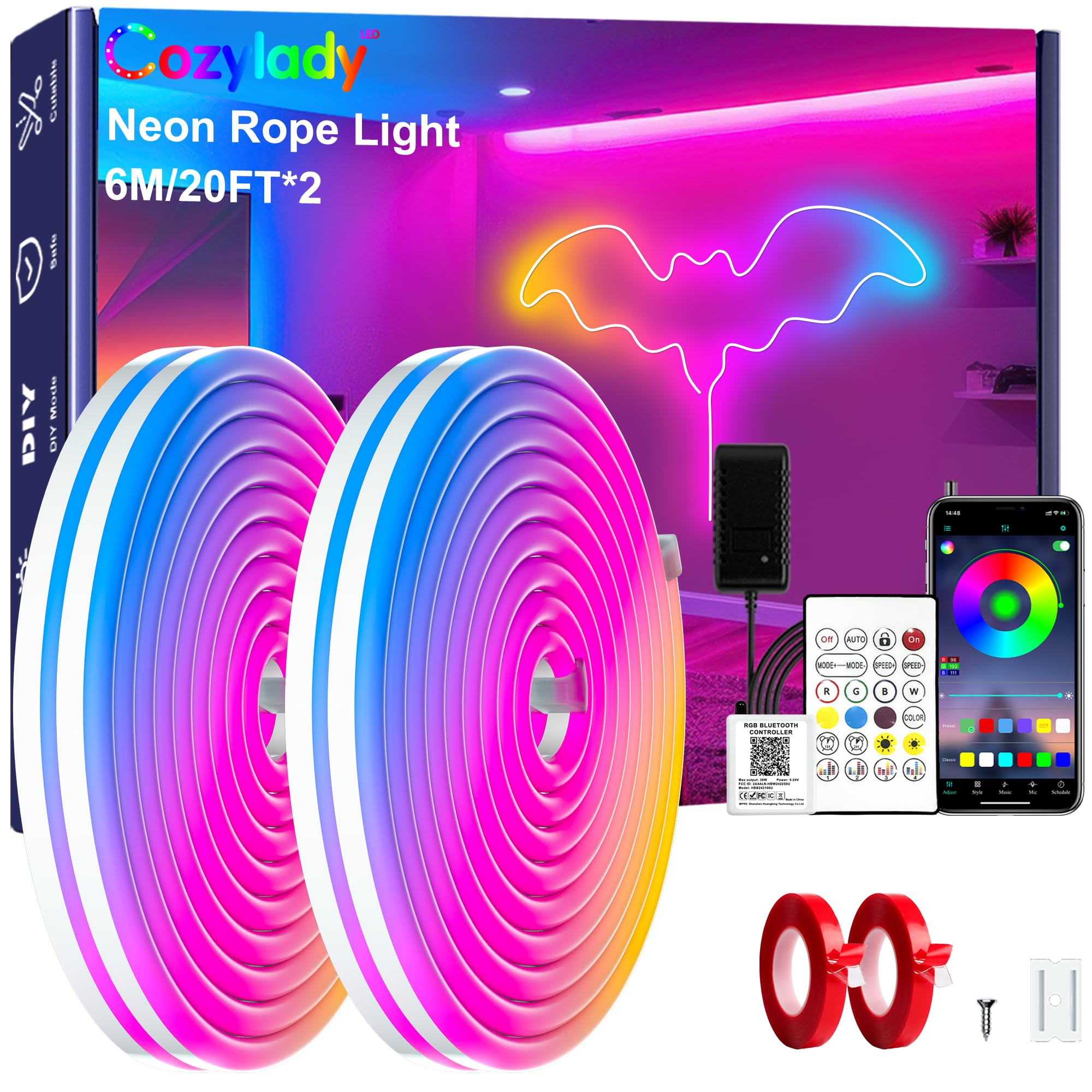 Cozylady 40Ft (20Ft *2 Rolls) Rgb Led Neon Rope Lights For Bedroom, 12M Led Strip Lamp With Double Sided Adhesive Tape, App/Remo