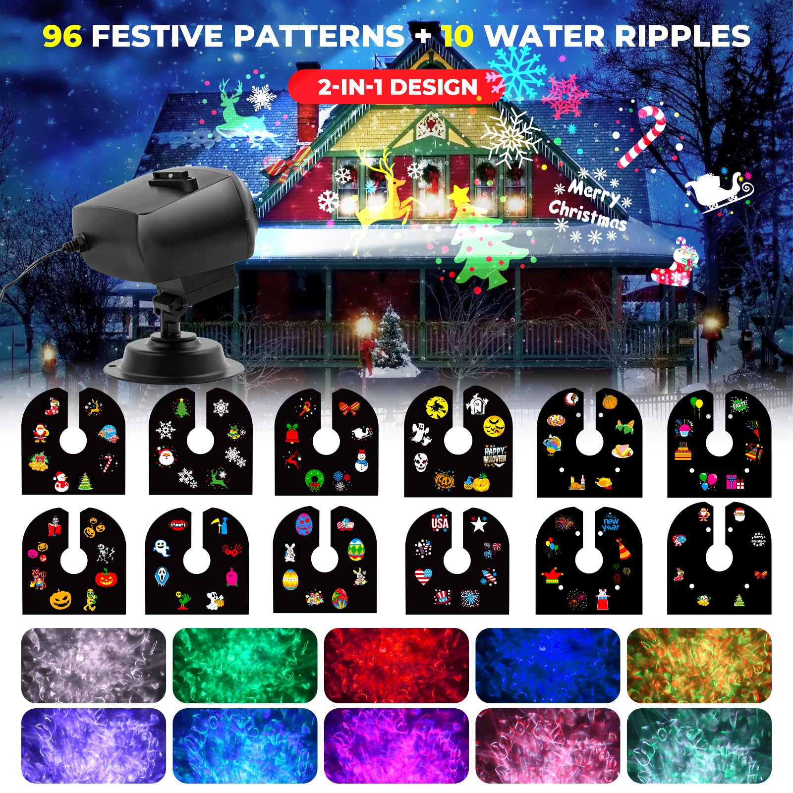 Newest Designed Halloween Christmas Projector Lights Outdoor Waterproof,15W Brighter Hd Ocean Wave Effect,12 Slides 96 No Fade P