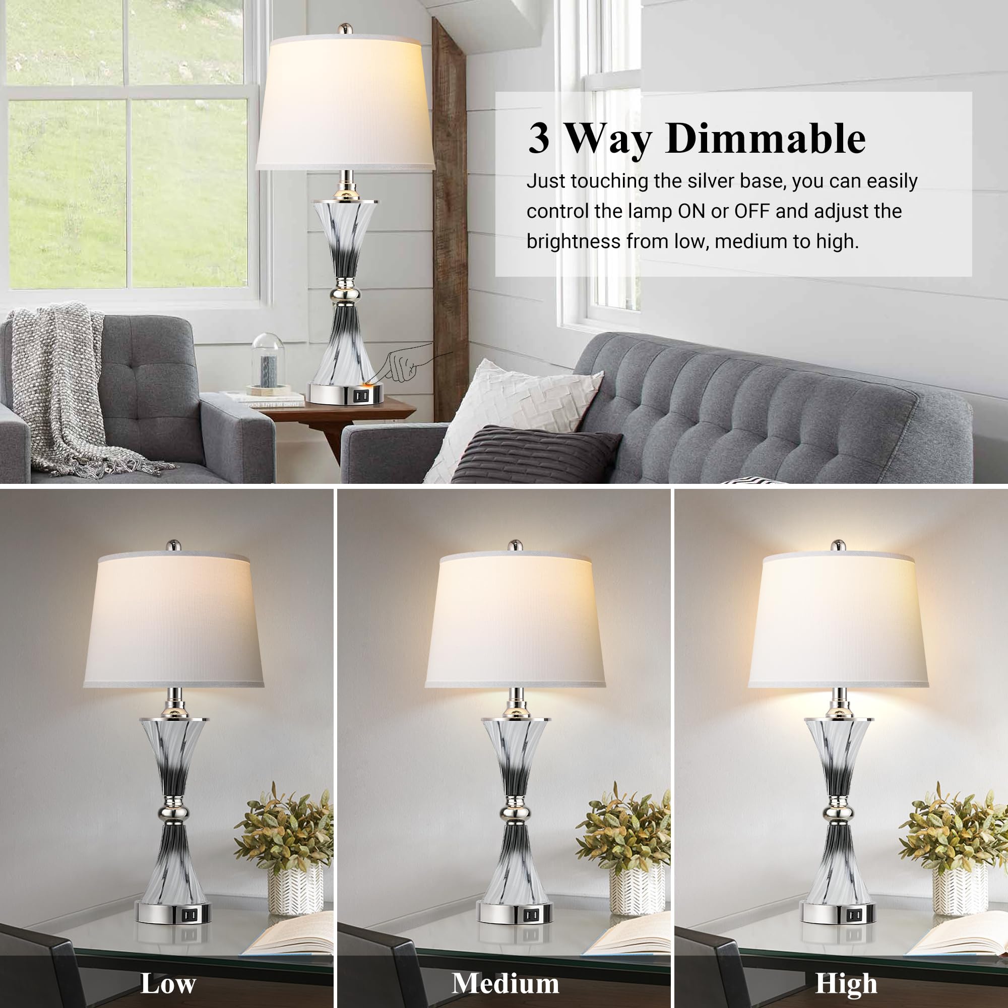 3-Way Dimmable Touch Glass Bedside Table Lamps For Bedroom Set Of 2 With 2 Usb Ports,Dark Grey And White Living Room Lamps For E