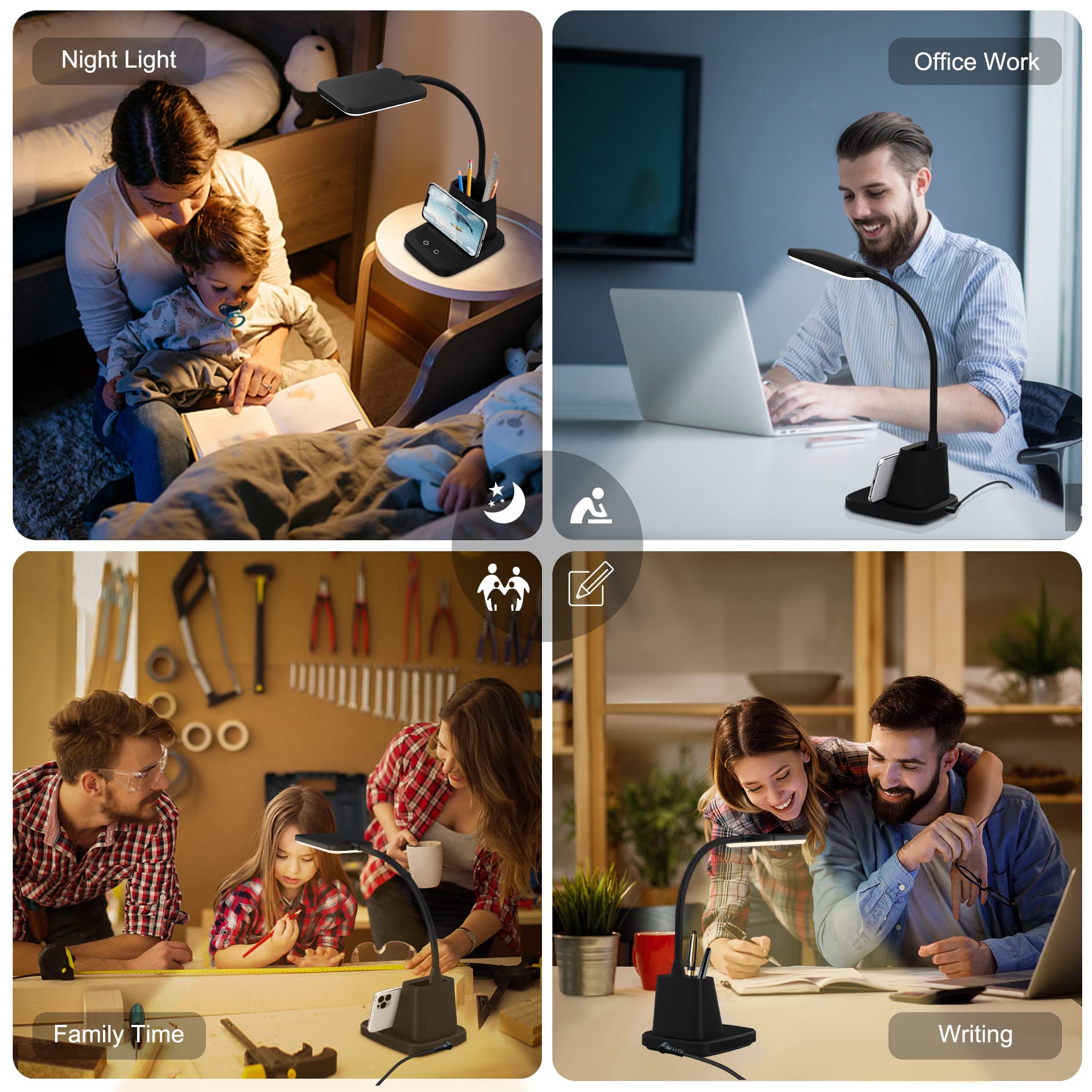 Sailstar LED Desk Lamp with Wireless Charger, 3 Color Modes, Stepless Dimming, Black, Acrylic, 800 Lumen, Ideal for Home Office and Dorm Room