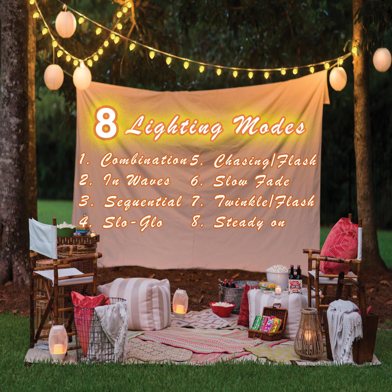 L LAMPOP C9 Solar Powered LED String Lights, 50 Warm White Waterproof Lights, 8 Modes, Green Wire, Perfect for Patio & Party Decor