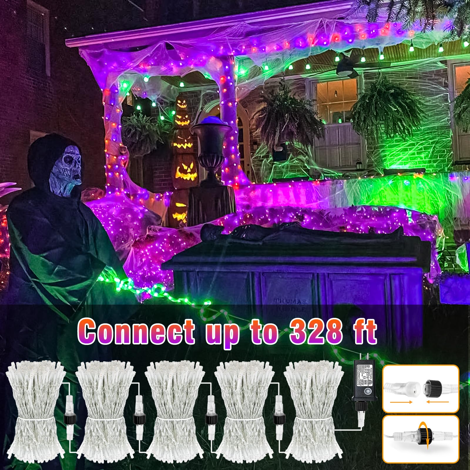 Nielfoi 66Ft 200 Led Christmas Lights Outdoor  Orange & Purple Christmas String Lights Indoor Waterproof With 8 Modes  Connectable Clear Wire Twinkle Fairy Lights For Indoor Home Xmas Garden Decor