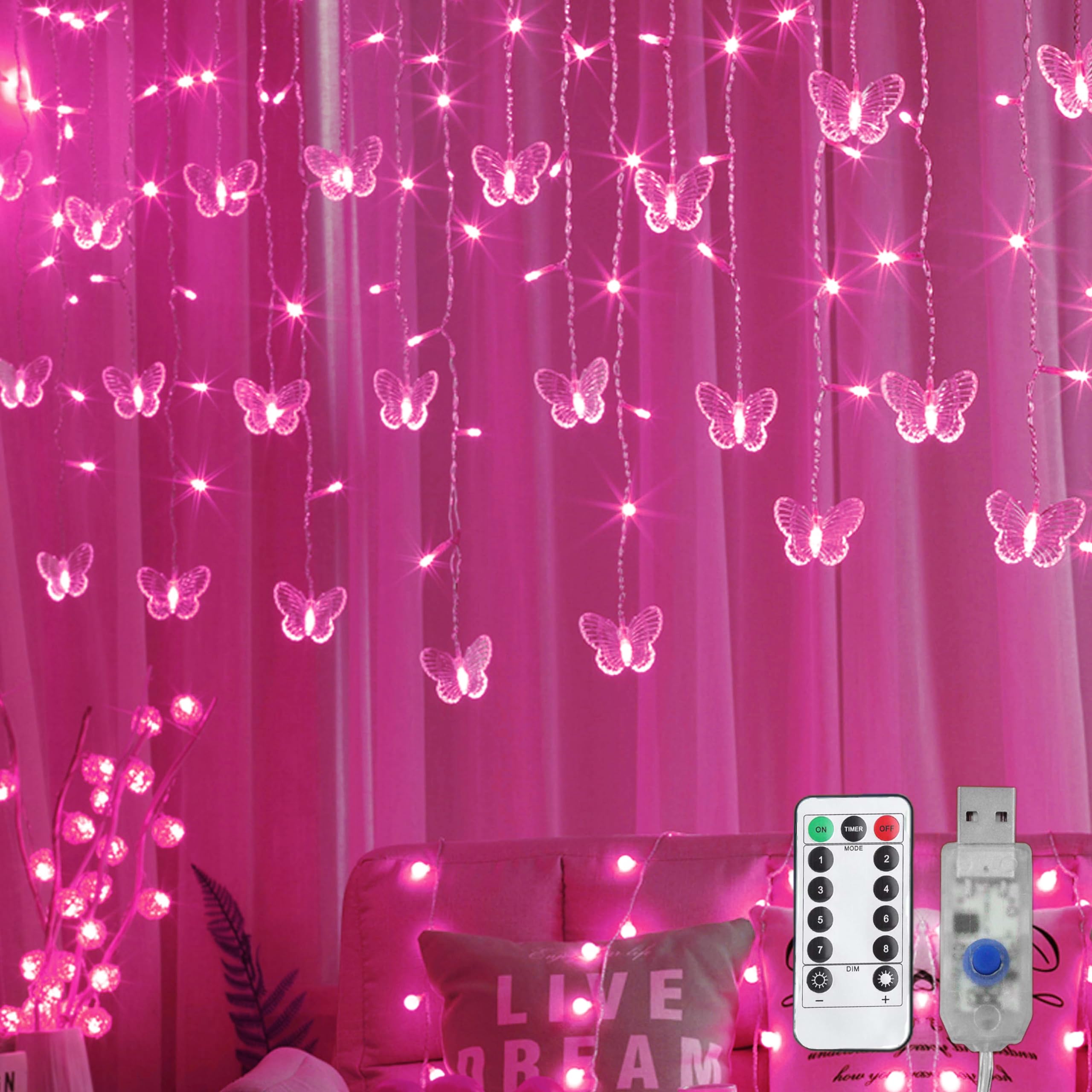 Decorman Butterfly Curtain Lights, 13ft 96 LED, USB Fairy Lights, 8 Modes, Pink, Model CLD-B-R-001