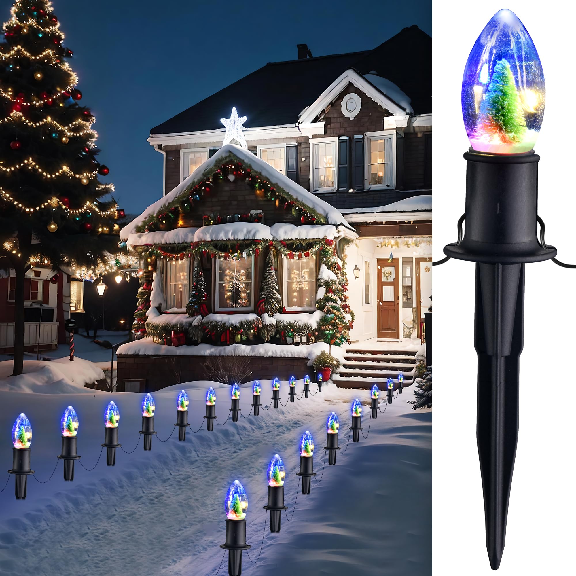 HEISOK C9 Christmas Pathway Lights Outdoor - 24.2FT 20 LED Christmas Lights with Stakes, Waterproof Connectable Walkway String L