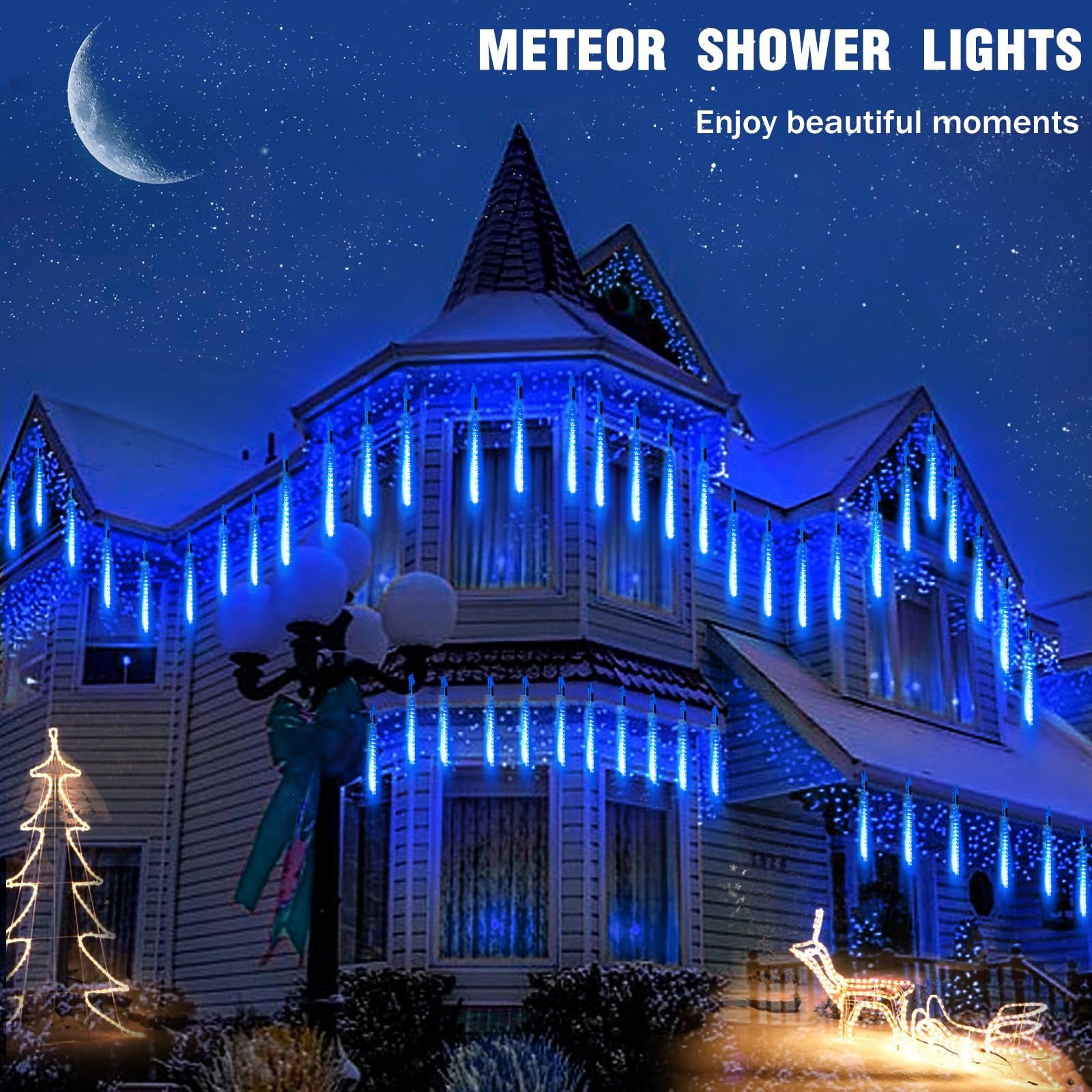 Roytong 20 Inch 10 Tube 540 LED Meteor Shower Rain Lights - Blue Cascading Outdoor Decoration for Christmas Roof Eaves & Trees