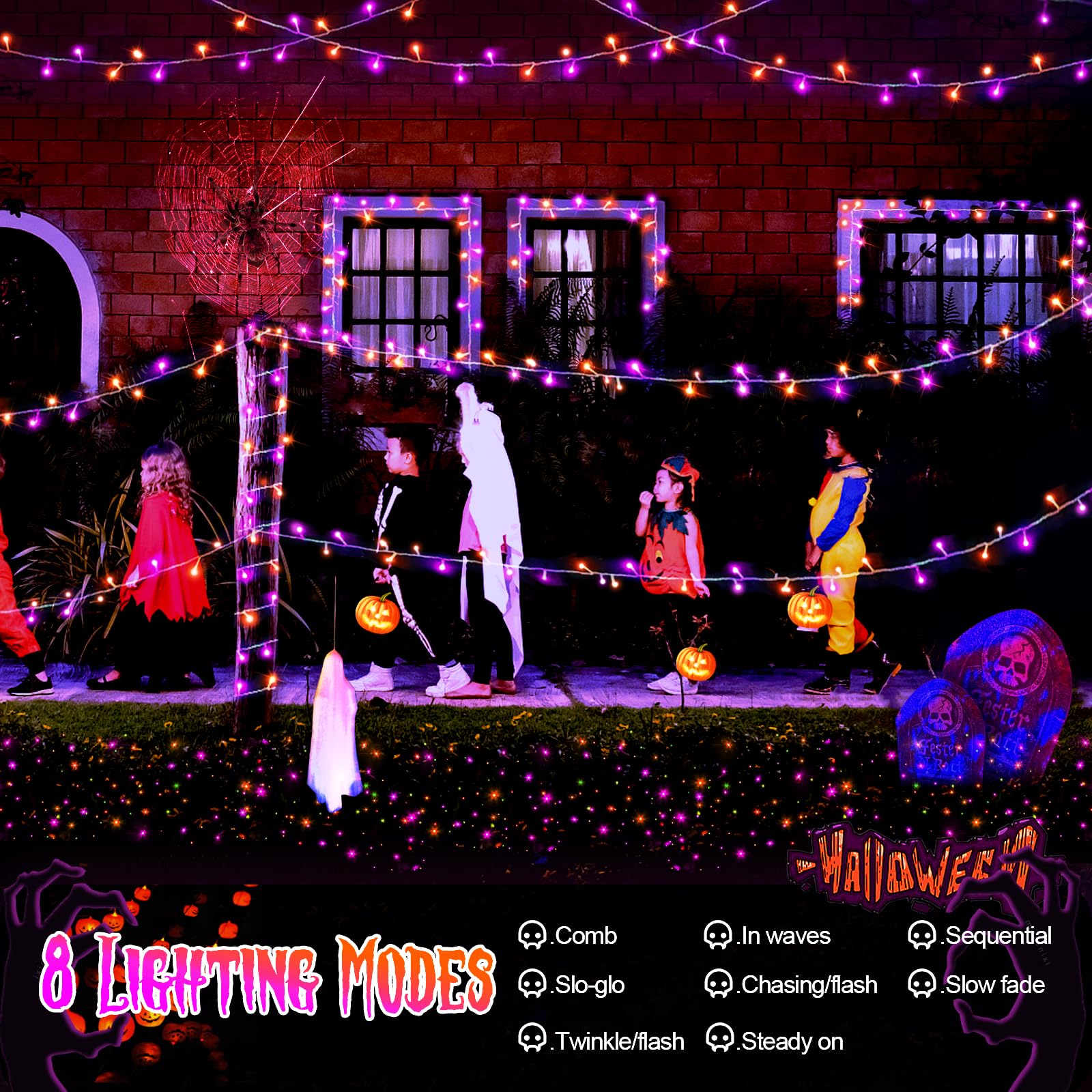 Jxledayy 66 Ft 200 Led Halloween Lights Outdoor Decorations Waterproof Fairy String Lights Plug In With Remote Timer 8 Modes For Outside House Tree Bush Garden Yard Party Decor-Purple & Orange